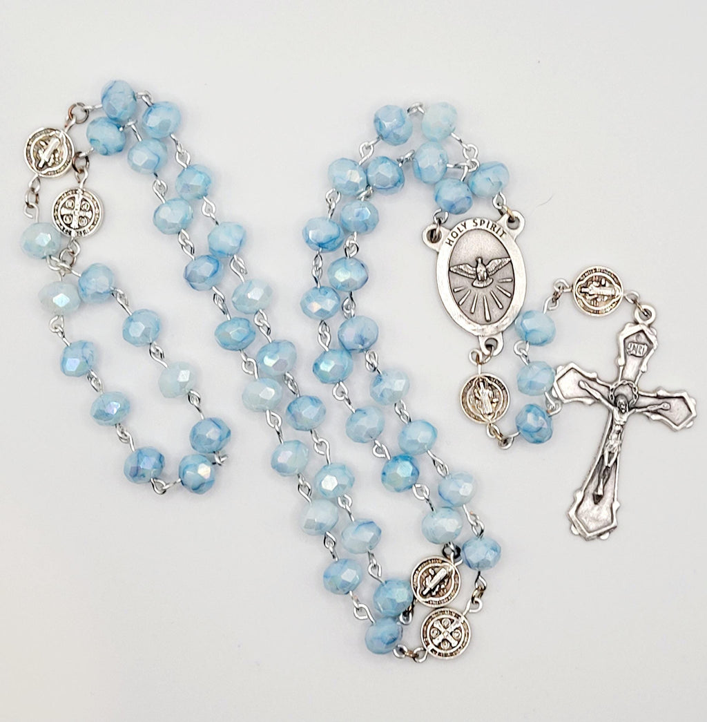 Handmade Holy Spirit Rosary: Light Blue Beads, Dove Medallion
