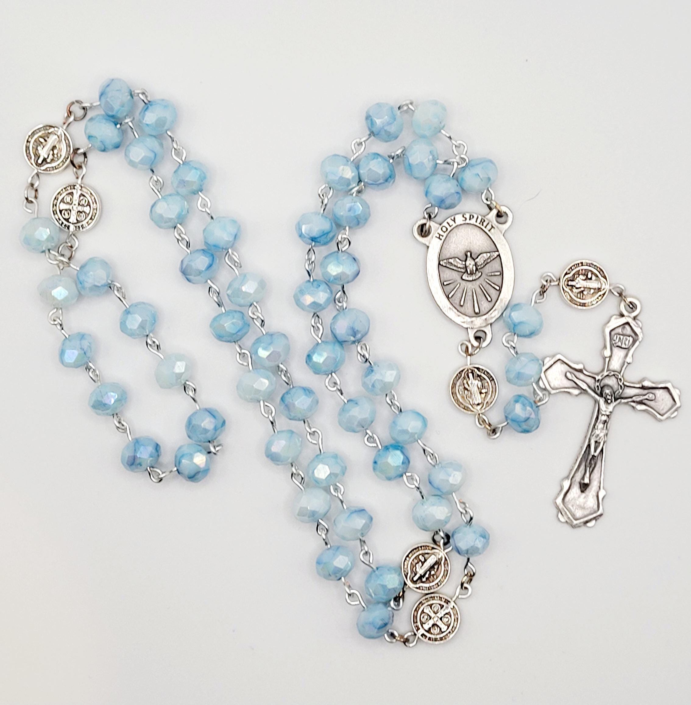 Handmade Holy Spirit Rosary: Light Blue Beads, Dove Medallion