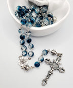 Handmade Holy Spirit Rosary: Crackled Blue Glass Beads