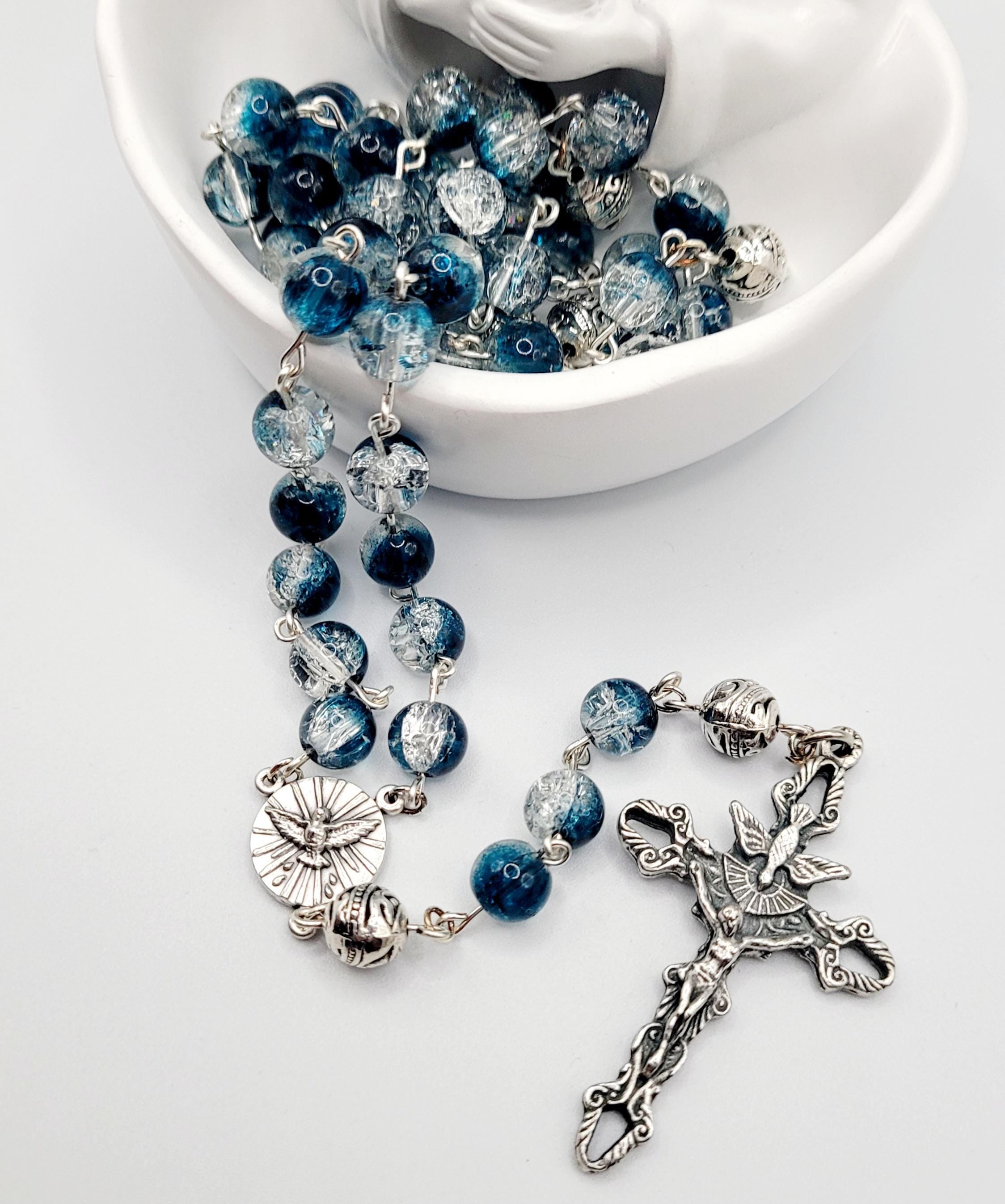 Handmade Holy Spirit Rosary: Crackled Blue Glass Beads