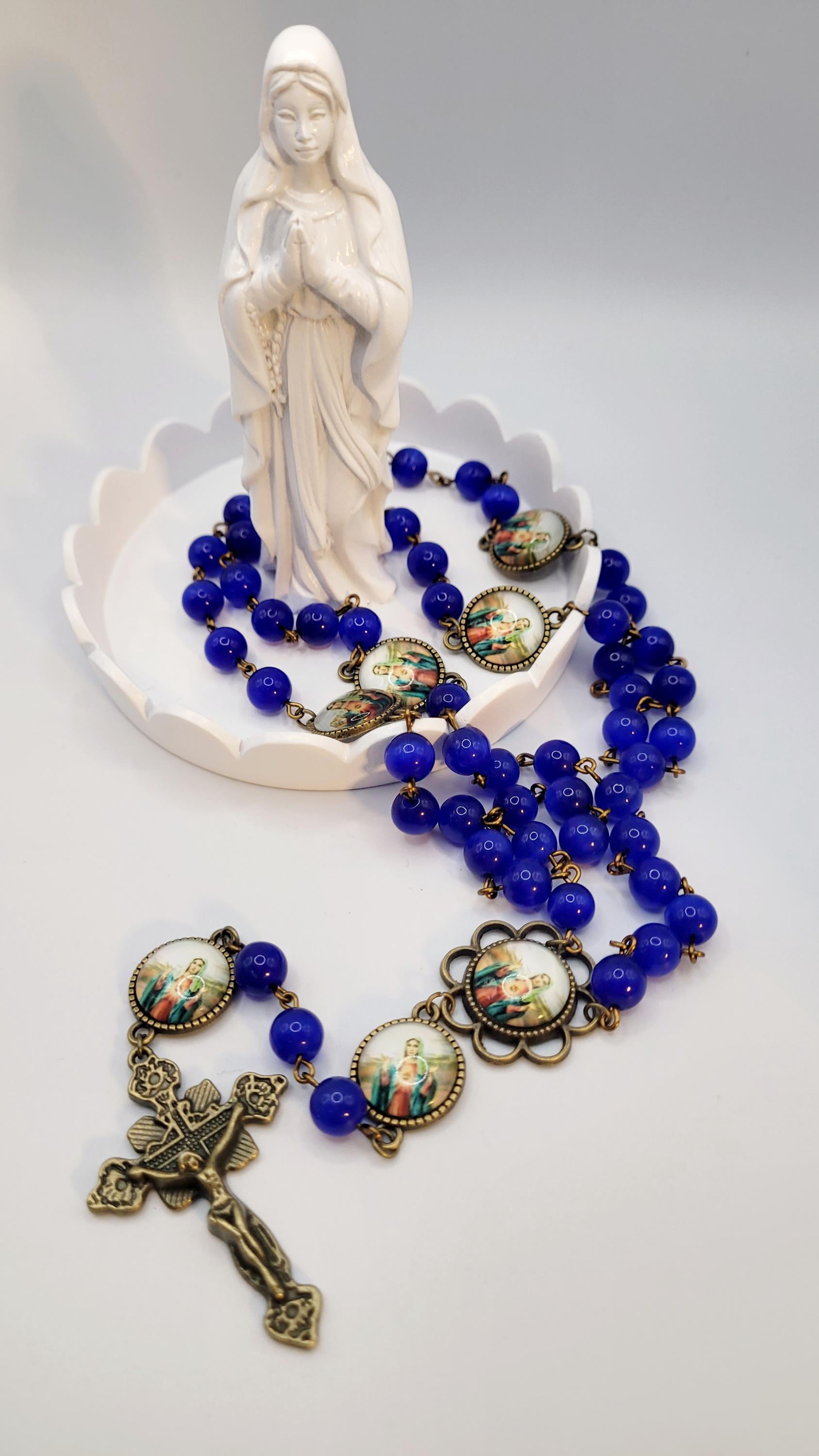 Handmade Immaculate Heart of Mary Rosary: Blue Glass, Bronze Finish
