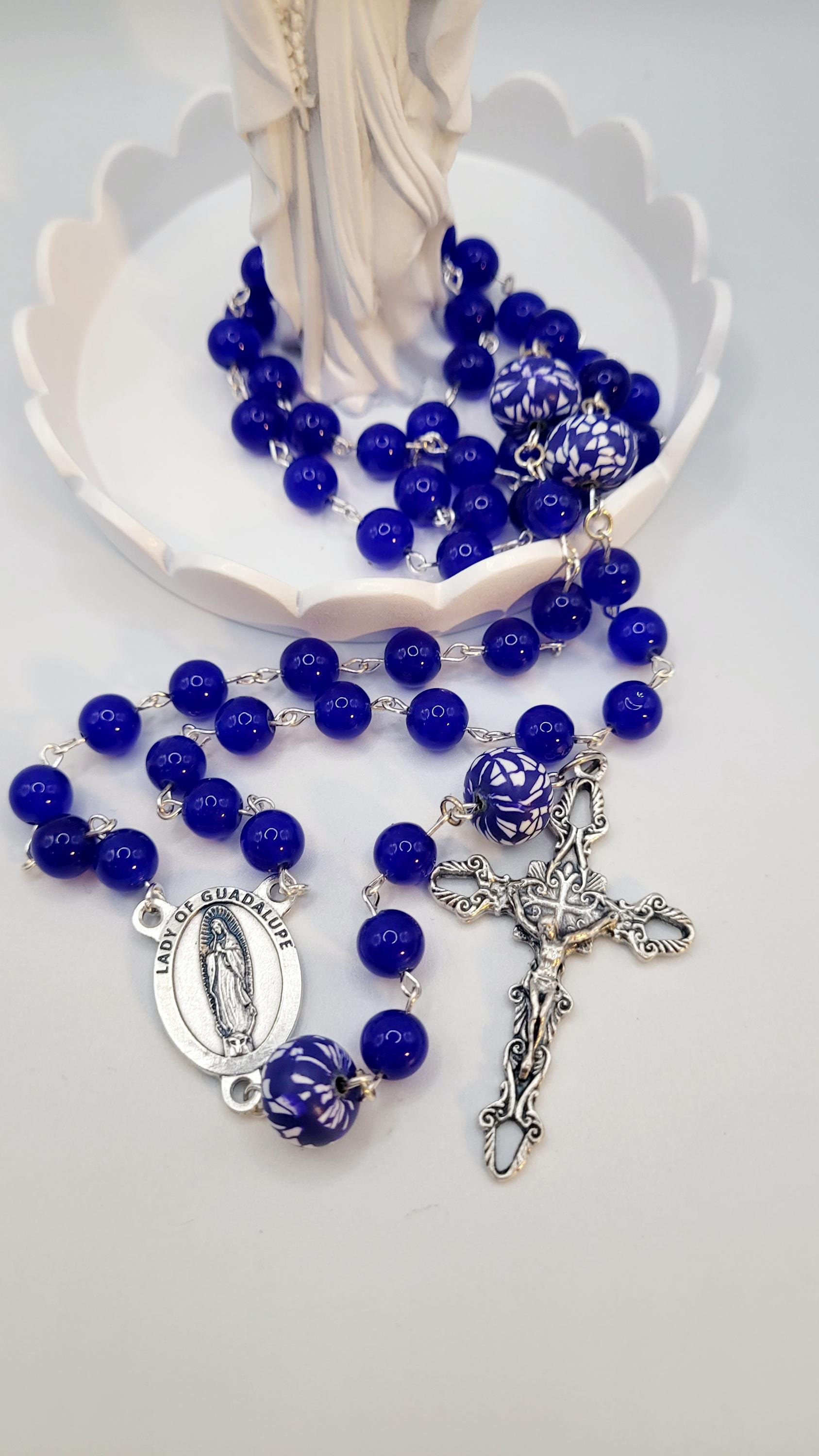 Handmade Our Lady of Guadalupe Rosary: Blue Glass Beads, Silver Crucifix