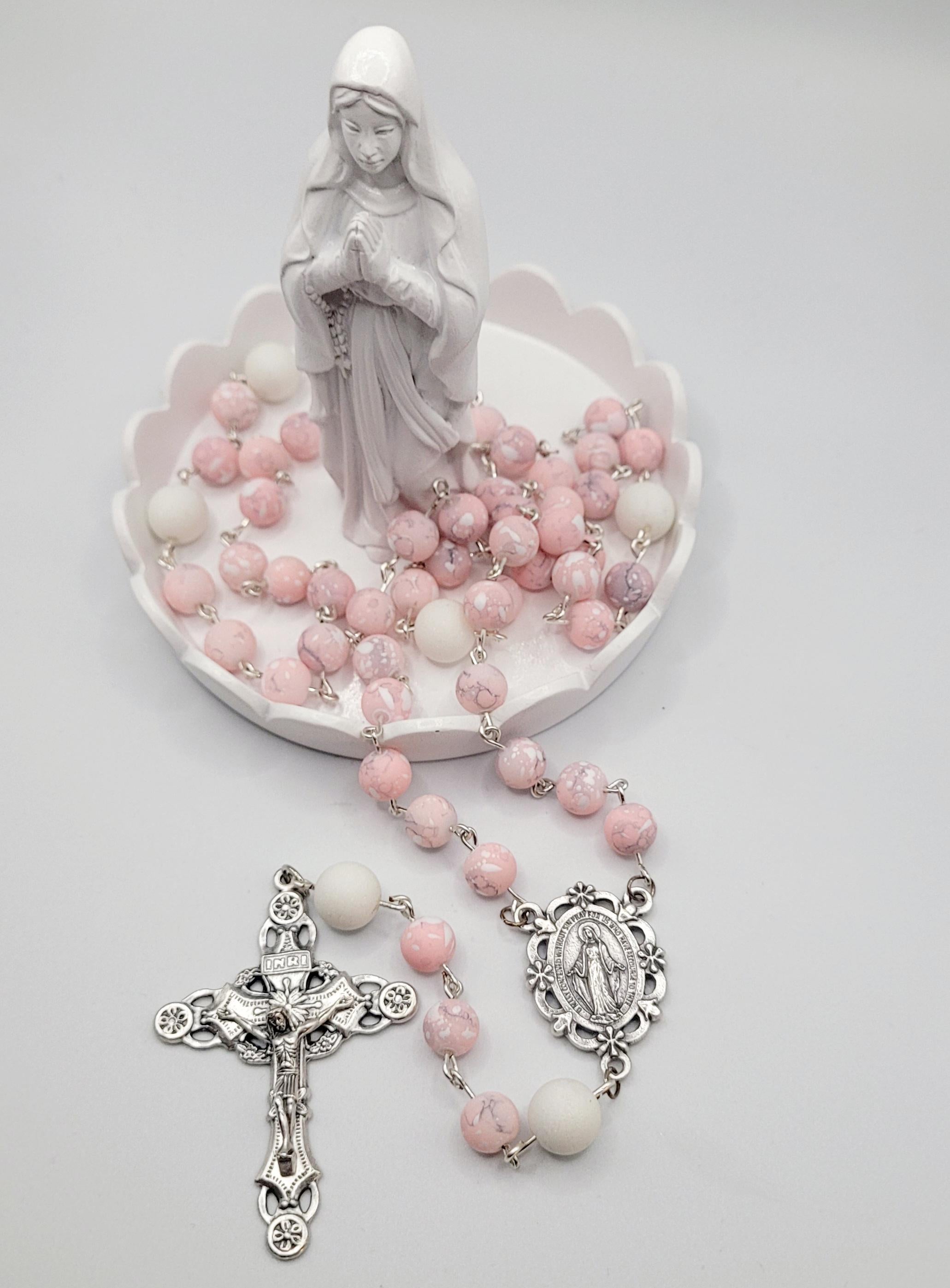 Handmade Pink and White Clay Bead Rosary