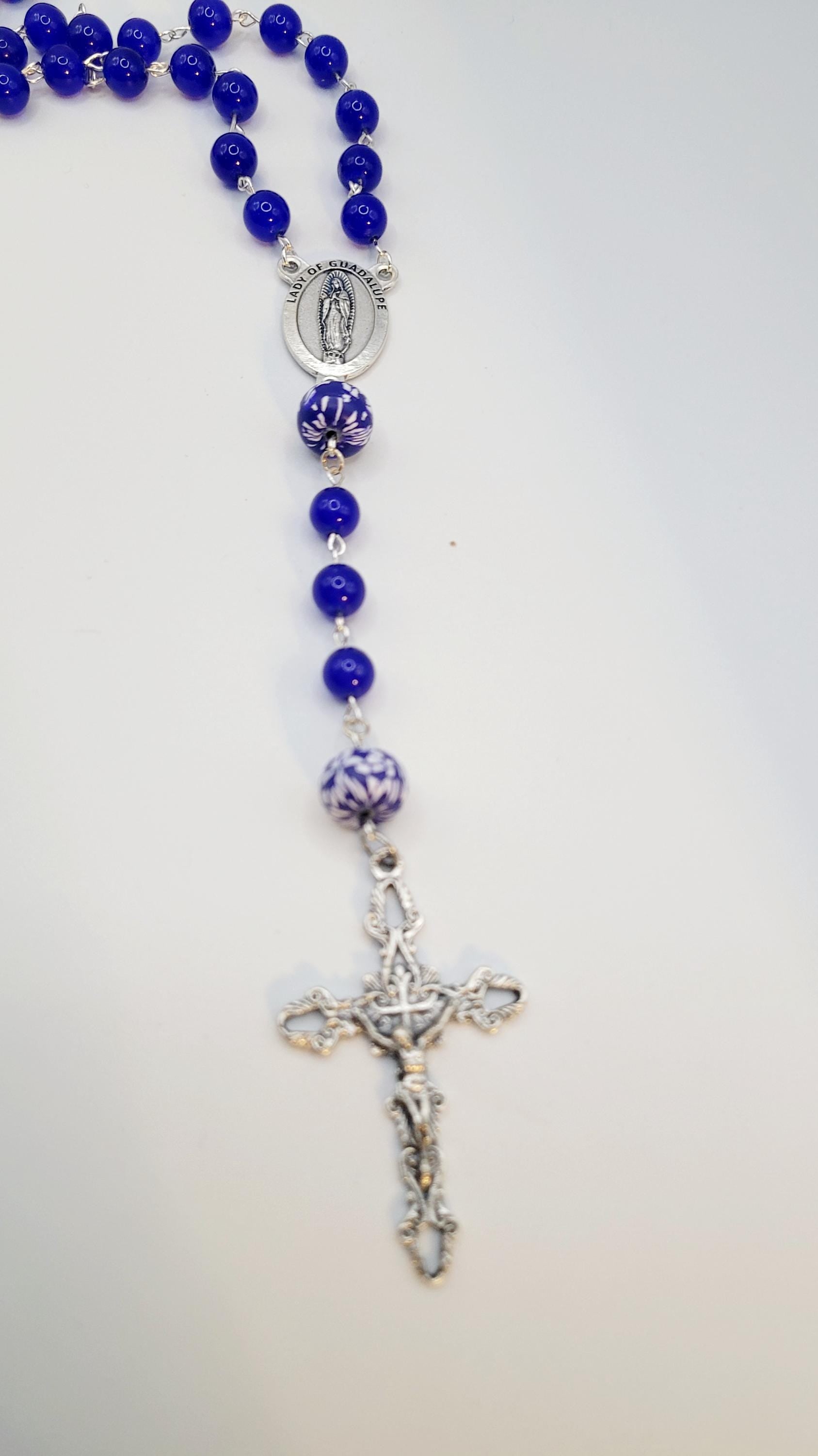 Handmade Our Lady of Guadalupe Rosary: Blue Glass Beads, Silver Crucifix
