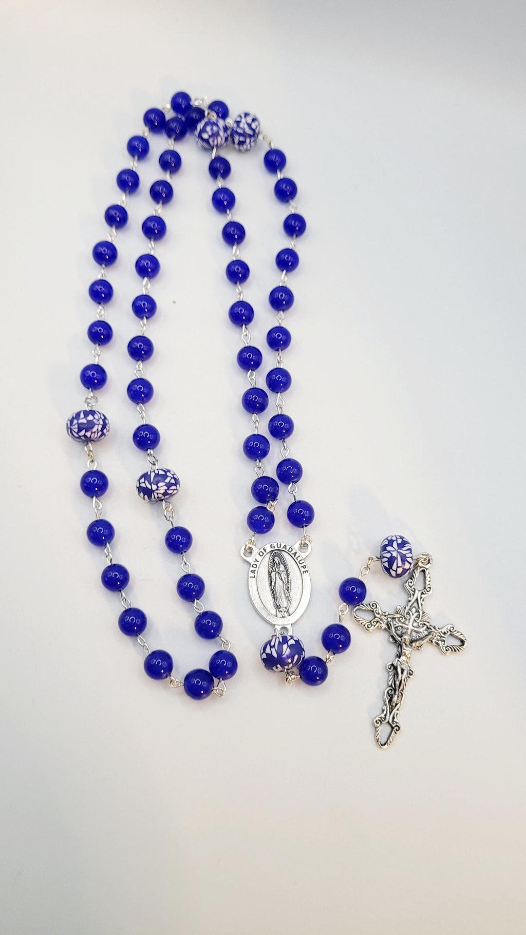 Handmade Our Lady of Guadalupe Rosary: Blue Glass Beads, Silver Crucifix