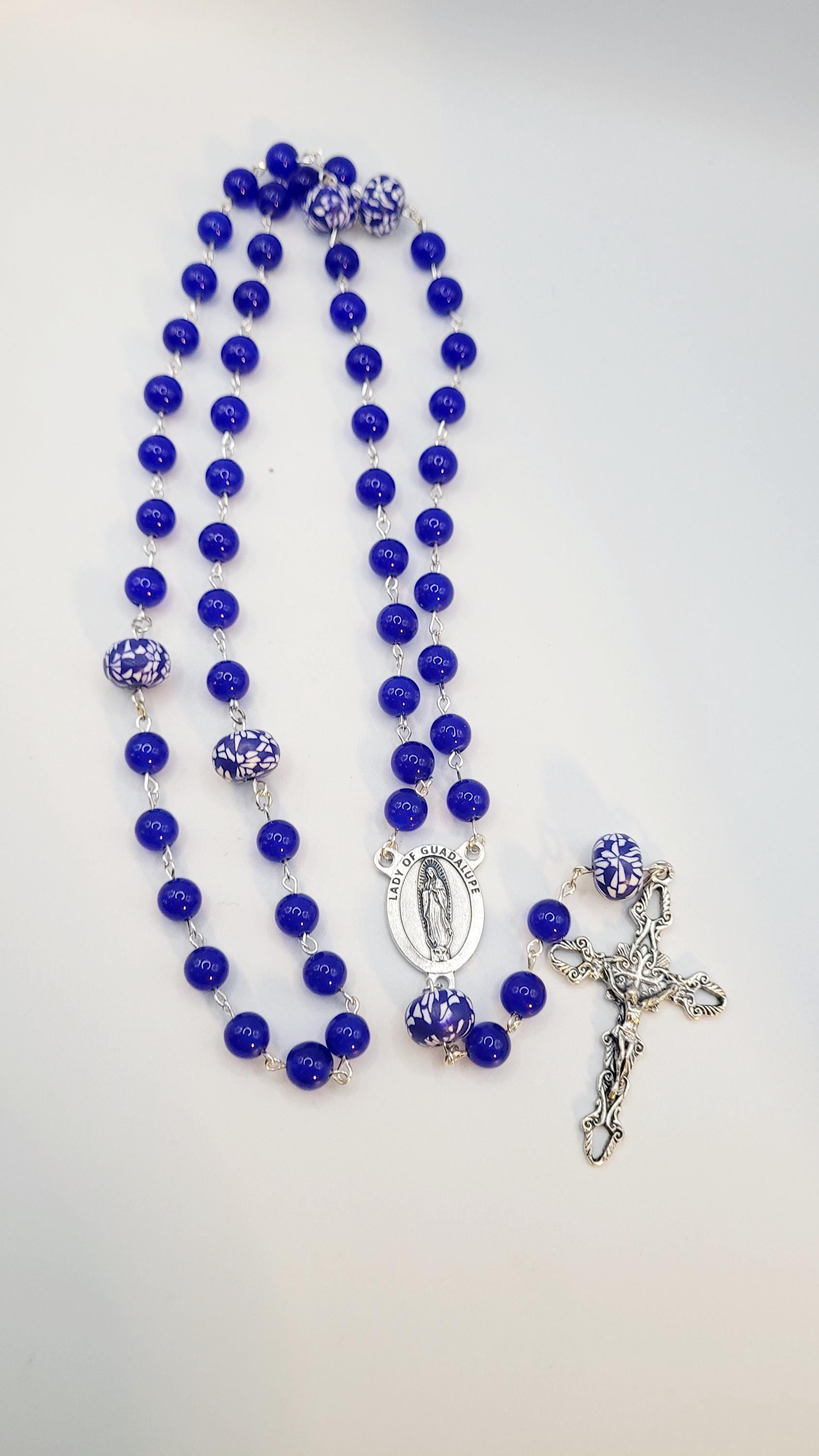 Handmade Our Lady of Guadalupe Rosary: Blue Glass Beads, Silver Crucifix