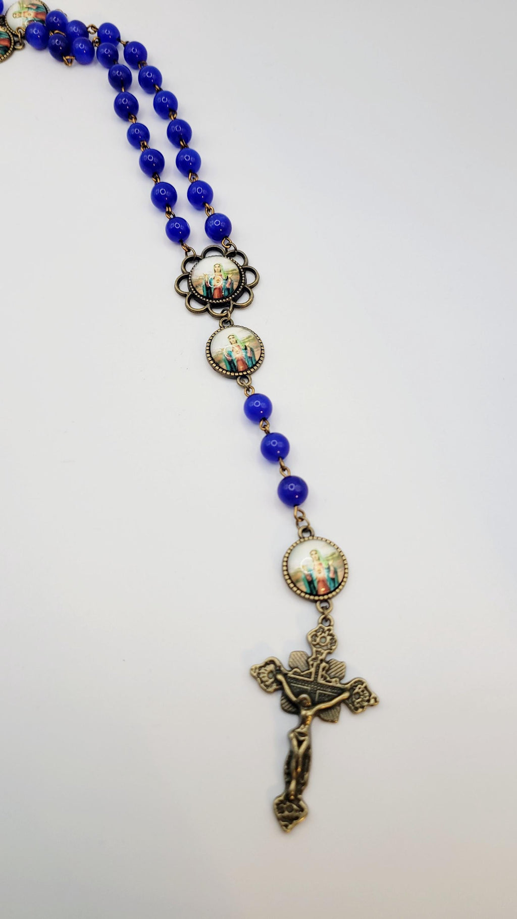 Handmade Immaculate Heart of Mary Rosary: Blue Glass, Bronze Finish