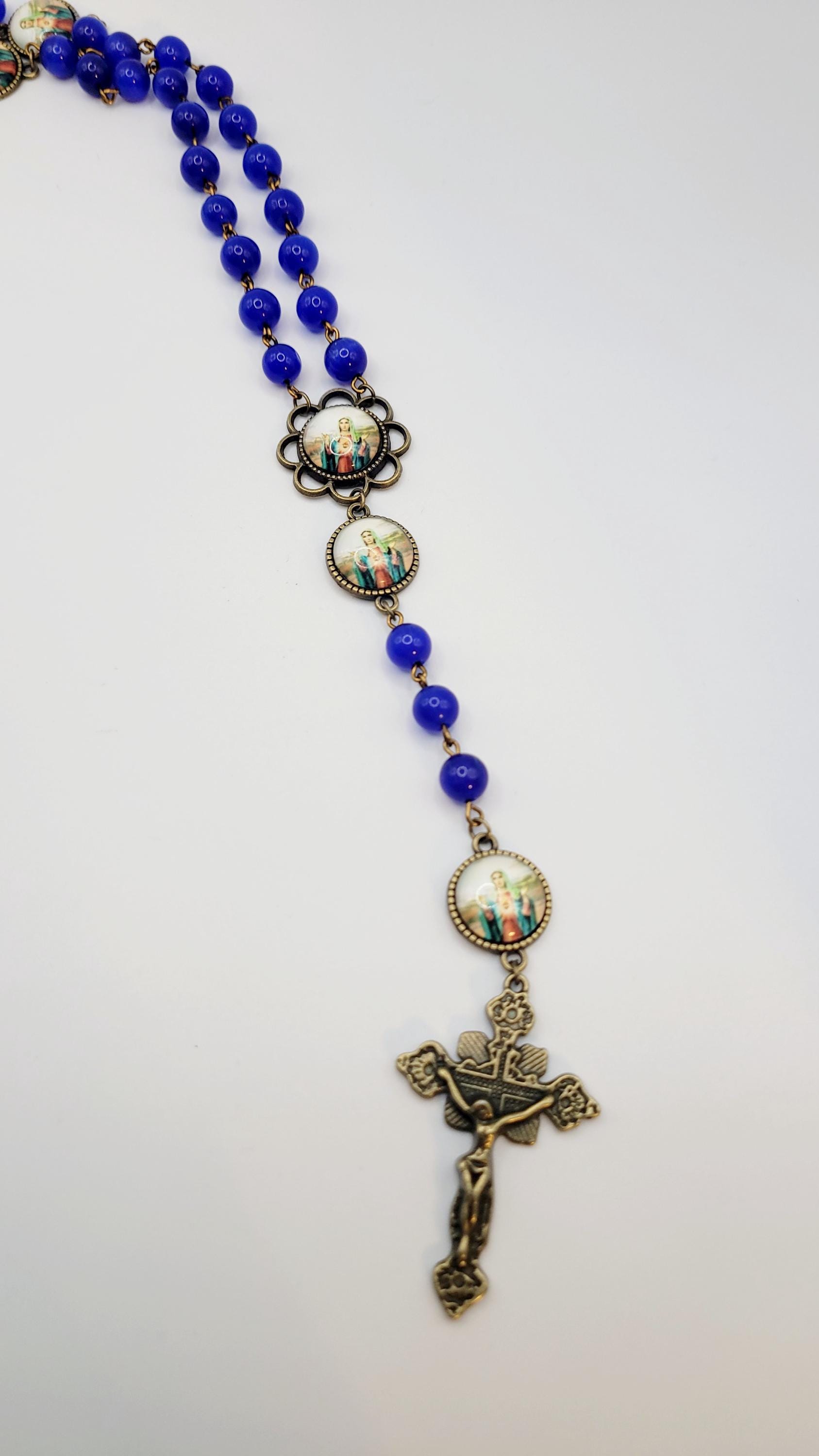 Handmade Immaculate Heart of Mary Rosary: Blue Glass, Bronze Finish