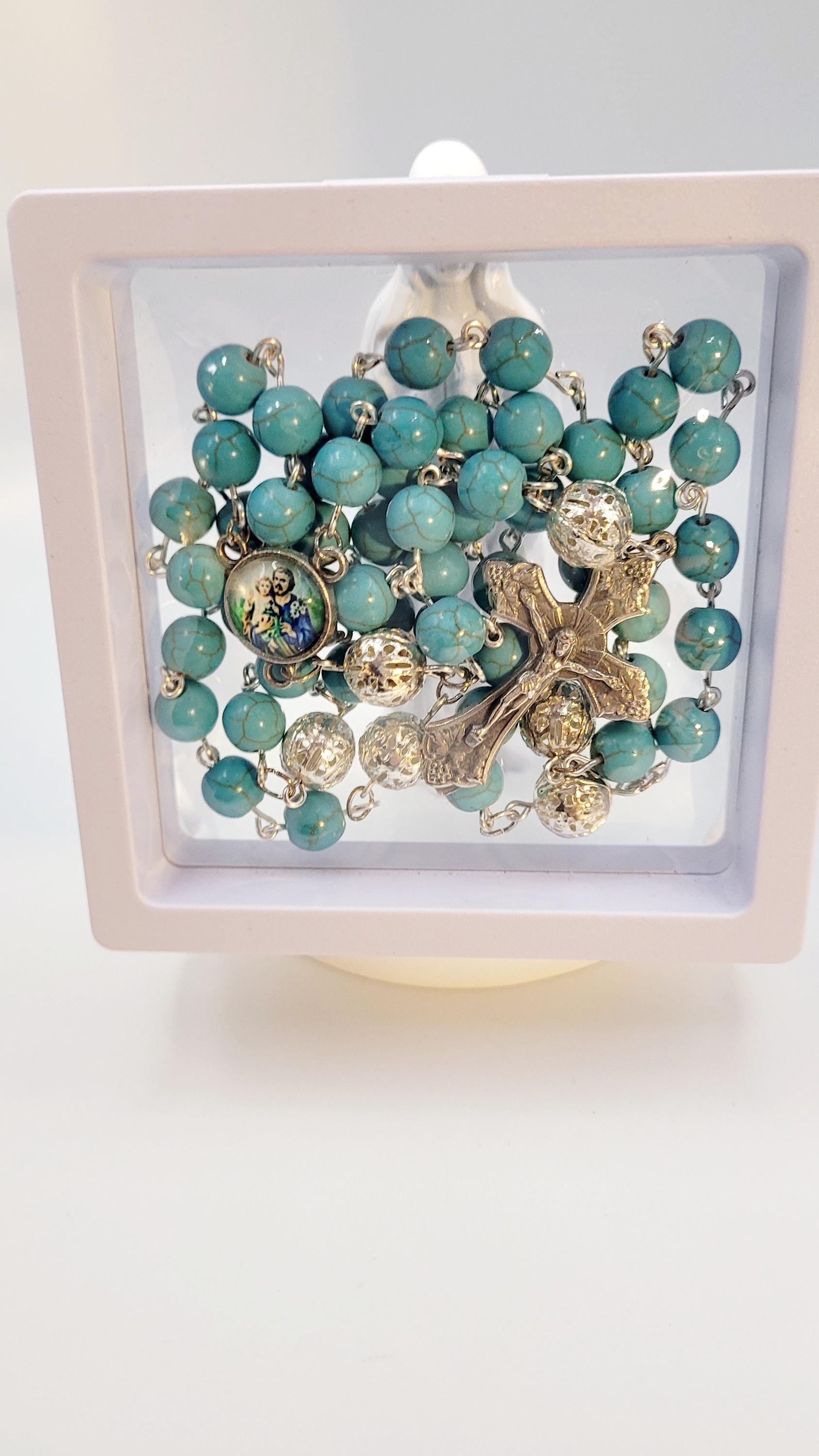 Handmade St. Joseph Rosary: Turquoise Beads, Detailed Medallion