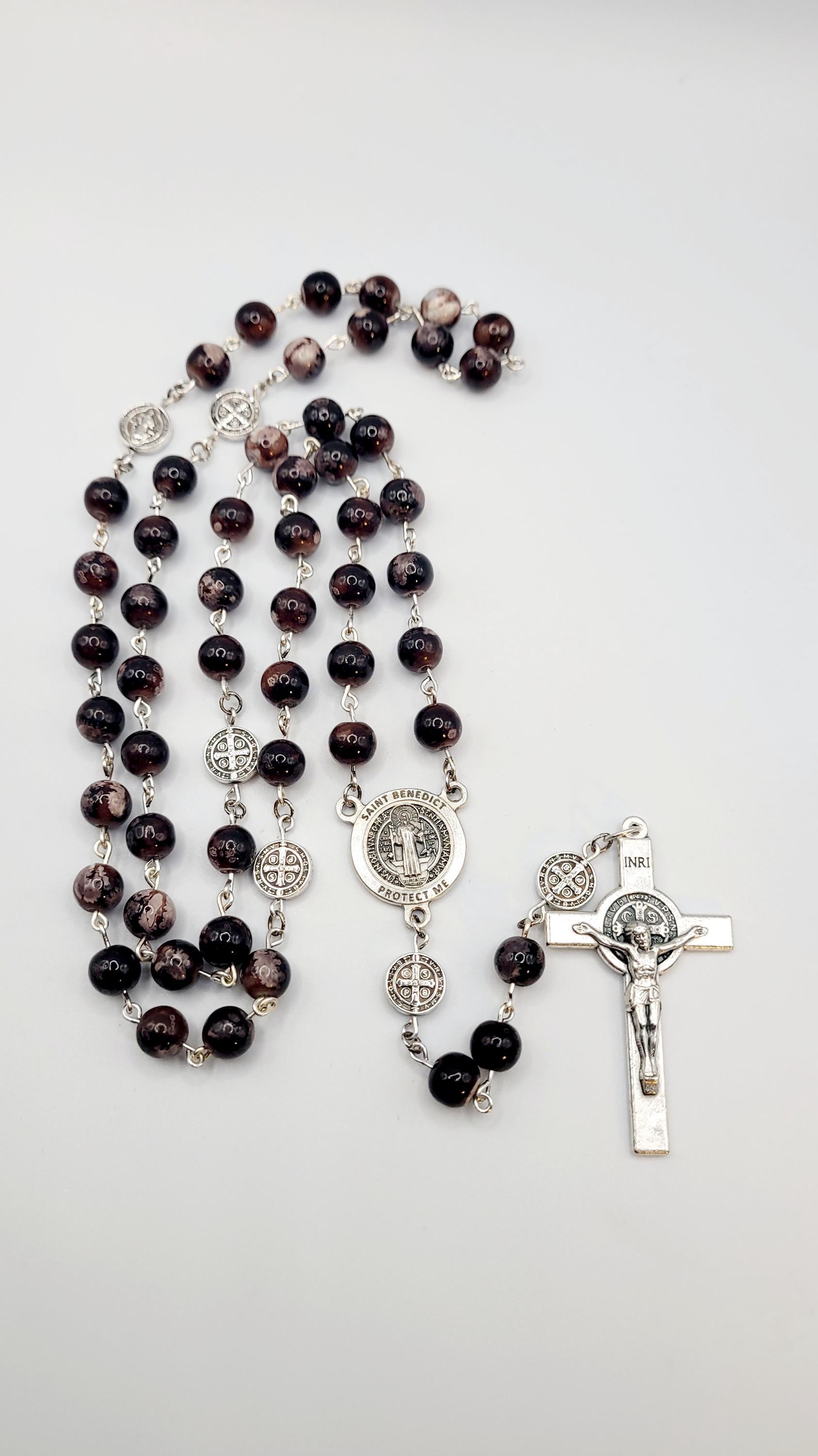 Handmade Saint Benedict Rosary: Brown Stone Beads & Medal