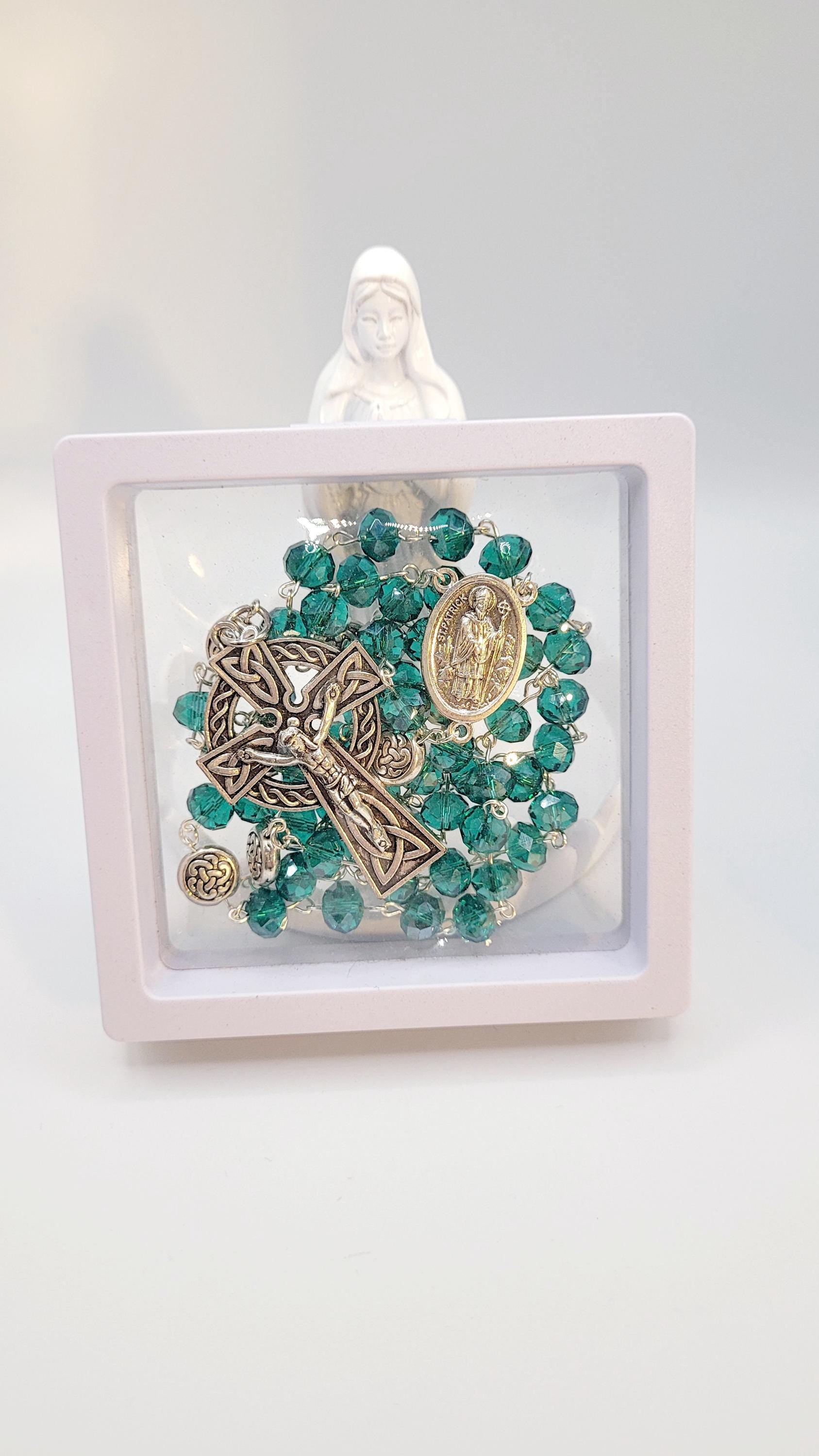 Handmade Celtic Rosary: Emerald Green Beads, Silver Crucifix