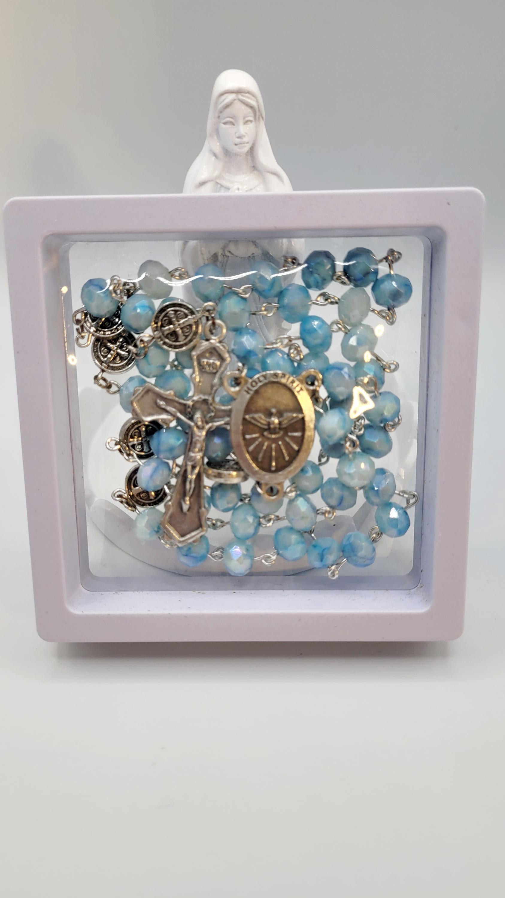 Handmade Holy Spirit Rosary: Light Blue Beads, Dove Medallion