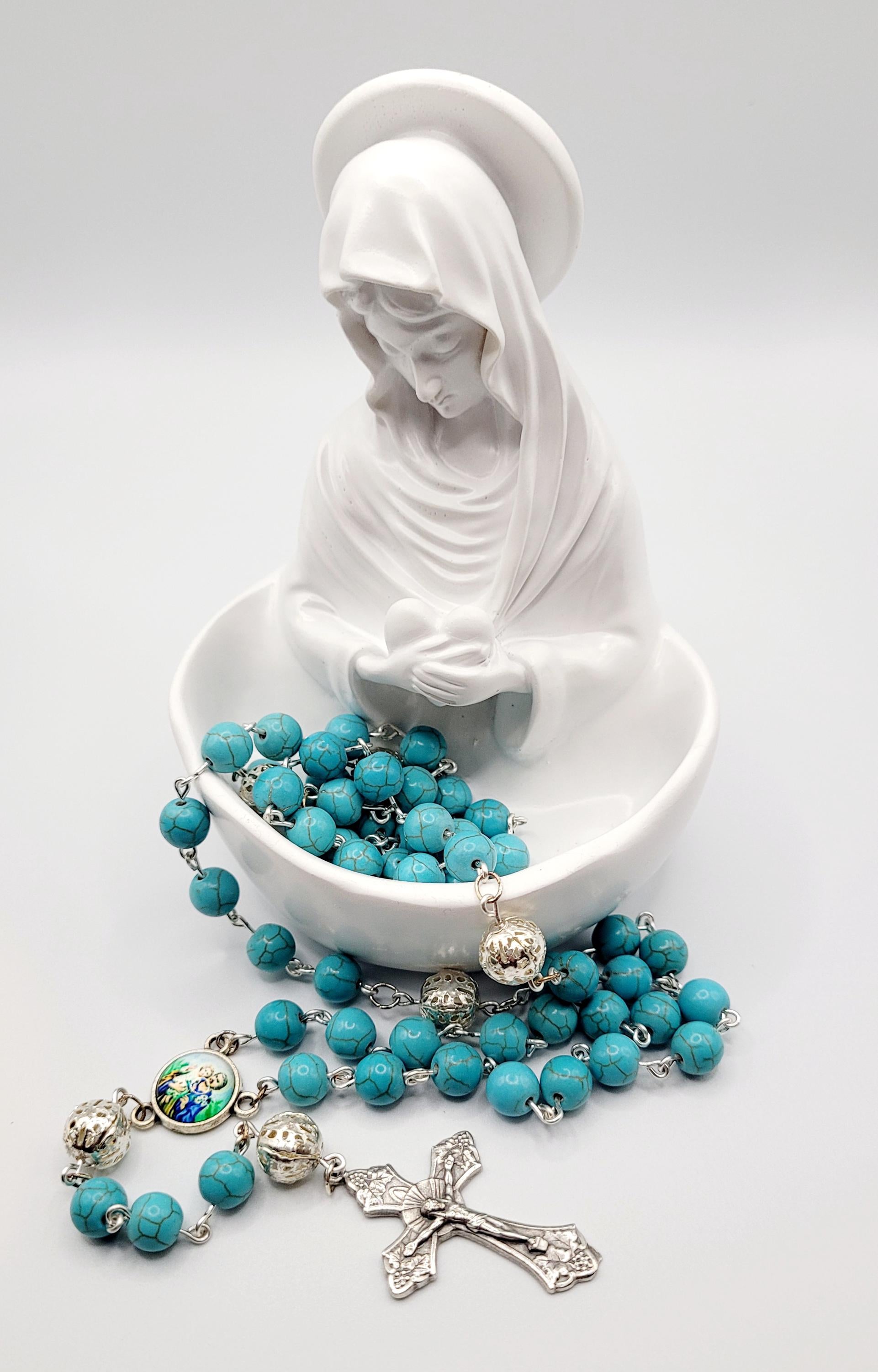 Handmade St. Joseph Rosary: Turquoise Beads, Detailed Medallion