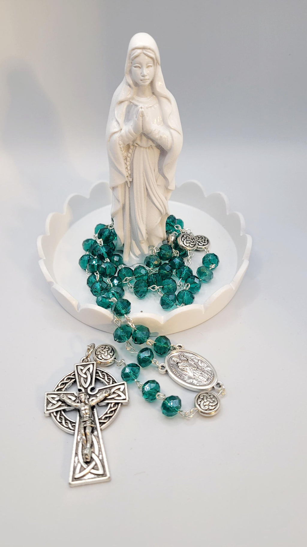 Handmade Celtic Rosary: Emerald Green Beads, Silver Crucifix