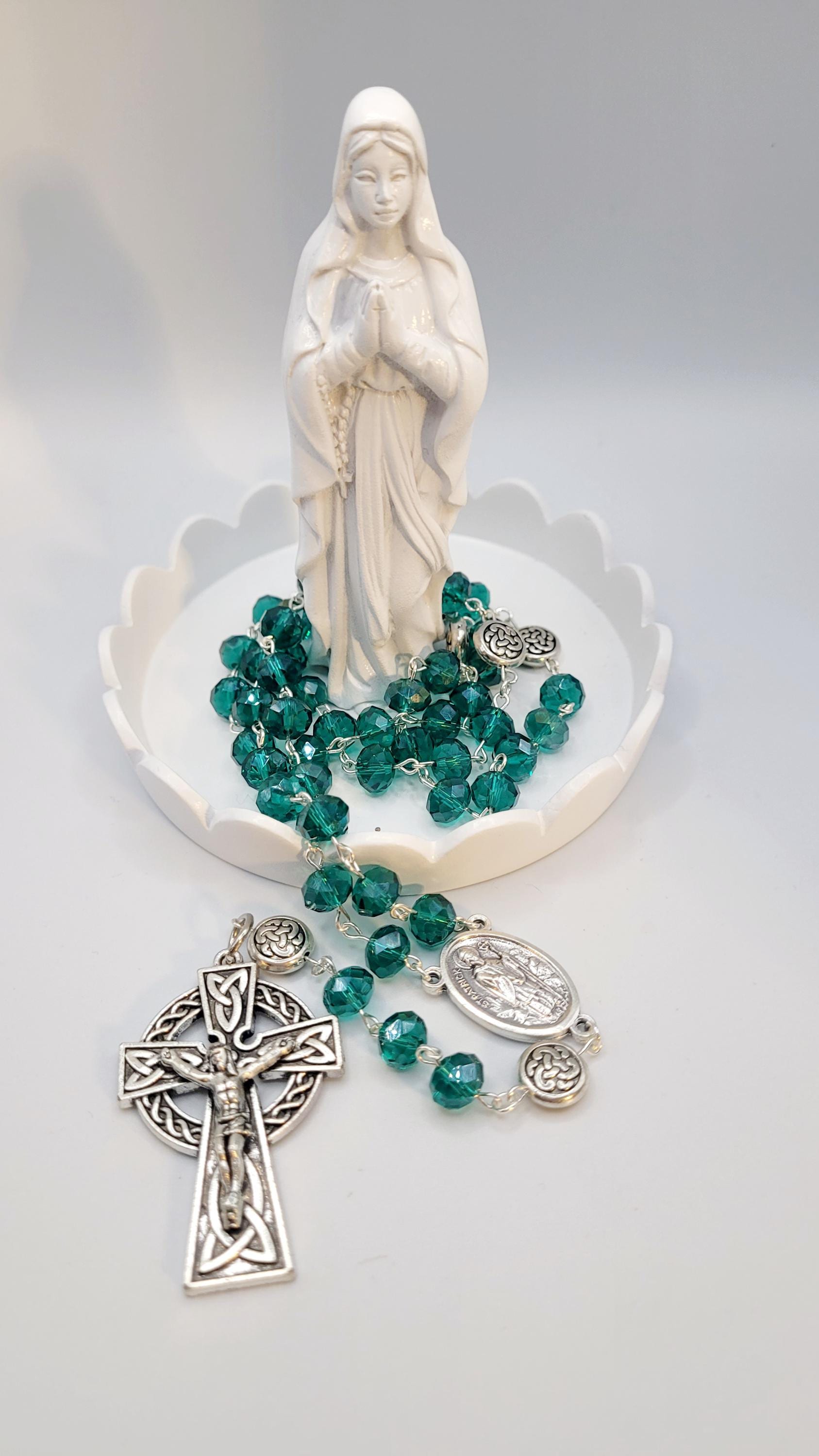 Handmade Celtic Rosary: Emerald Green Beads, Silver Crucifix
