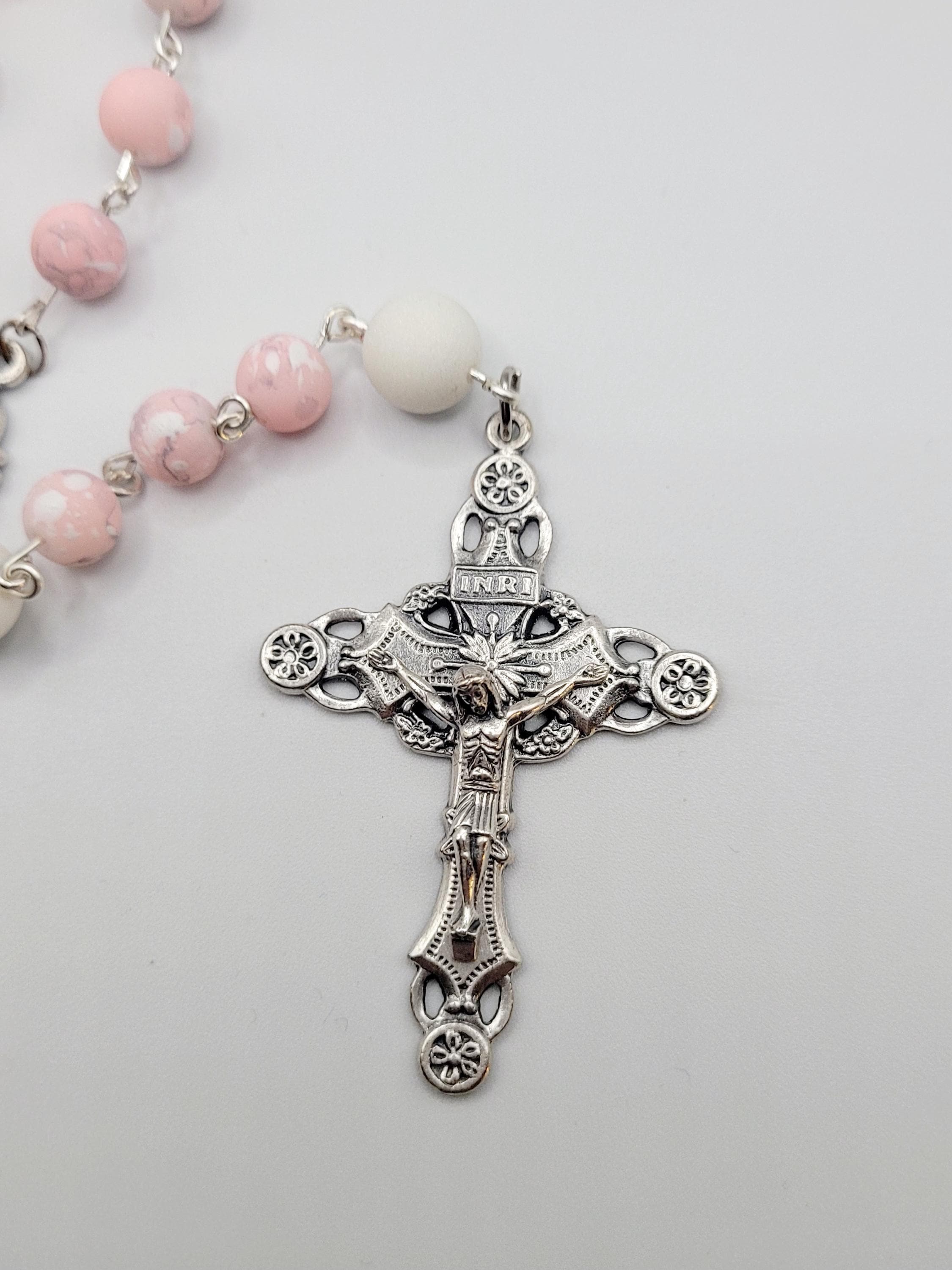 Handmade Pink and White Clay Bead Rosary