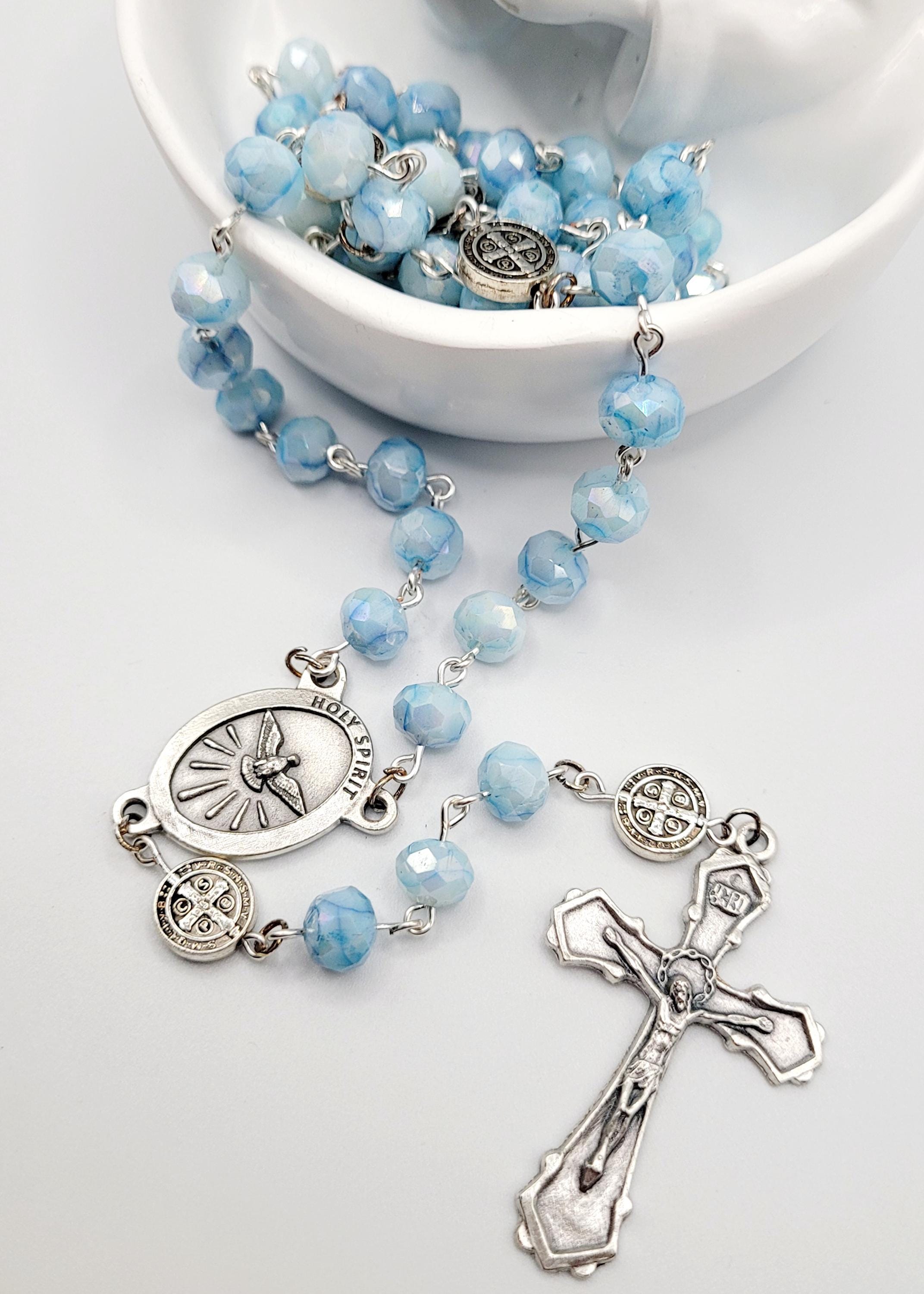 Handmade Holy Spirit Rosary: Light Blue Beads, Dove Medallion