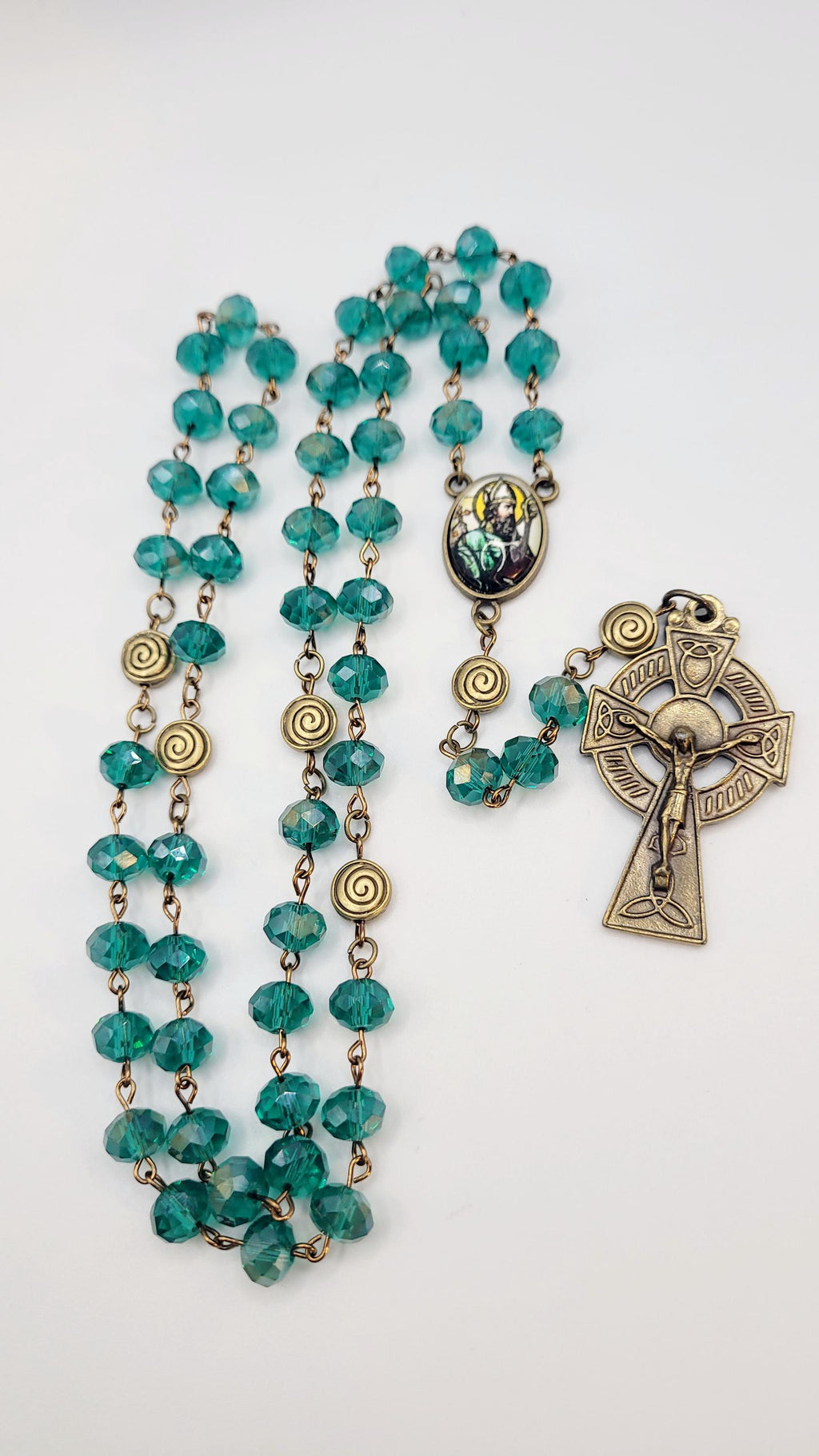 Handmade Emerald Green Celtic Rosary with St. Patrick Medal