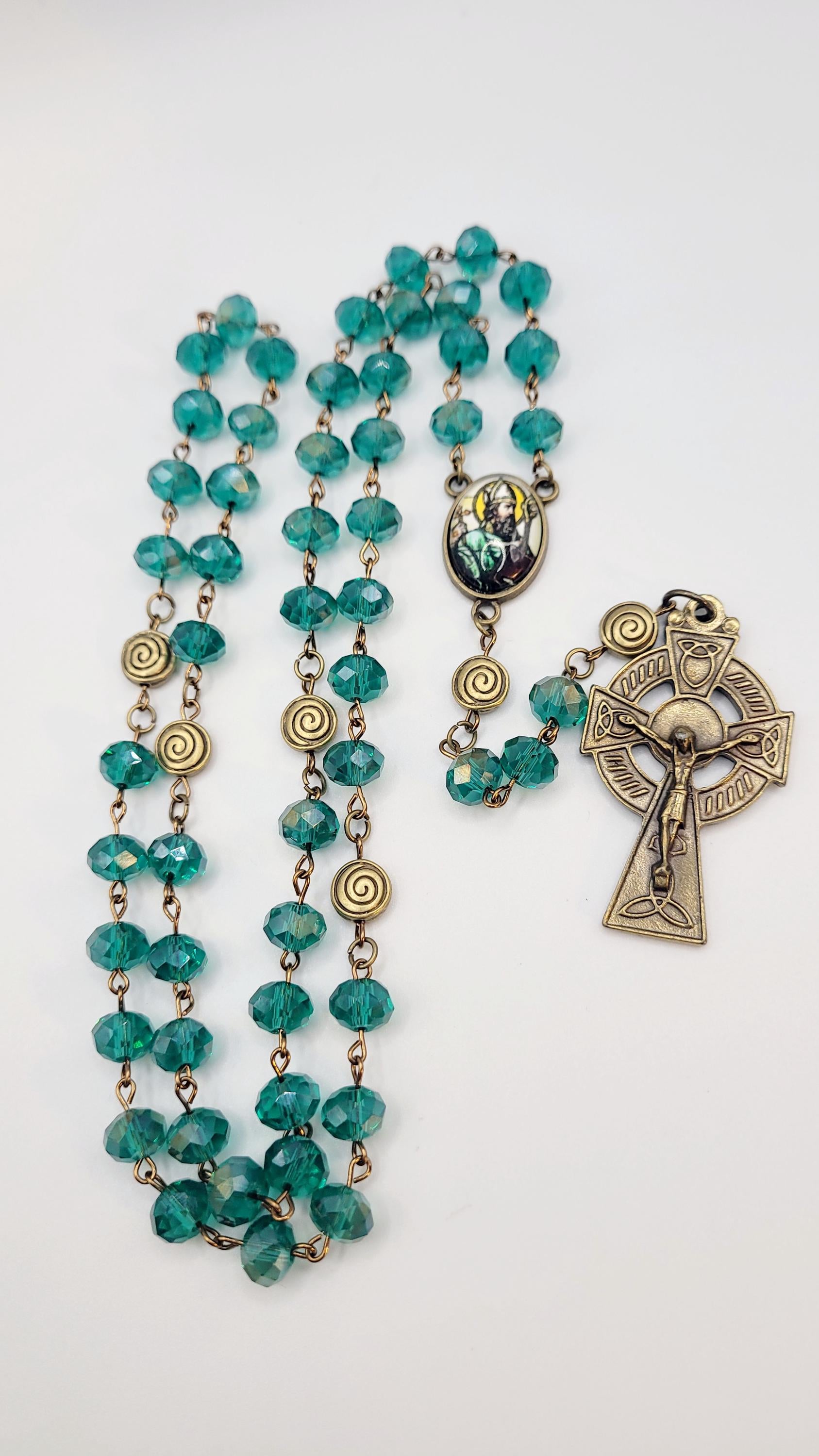 Handmade Emerald Green Celtic Rosary with St. Patrick Medal
