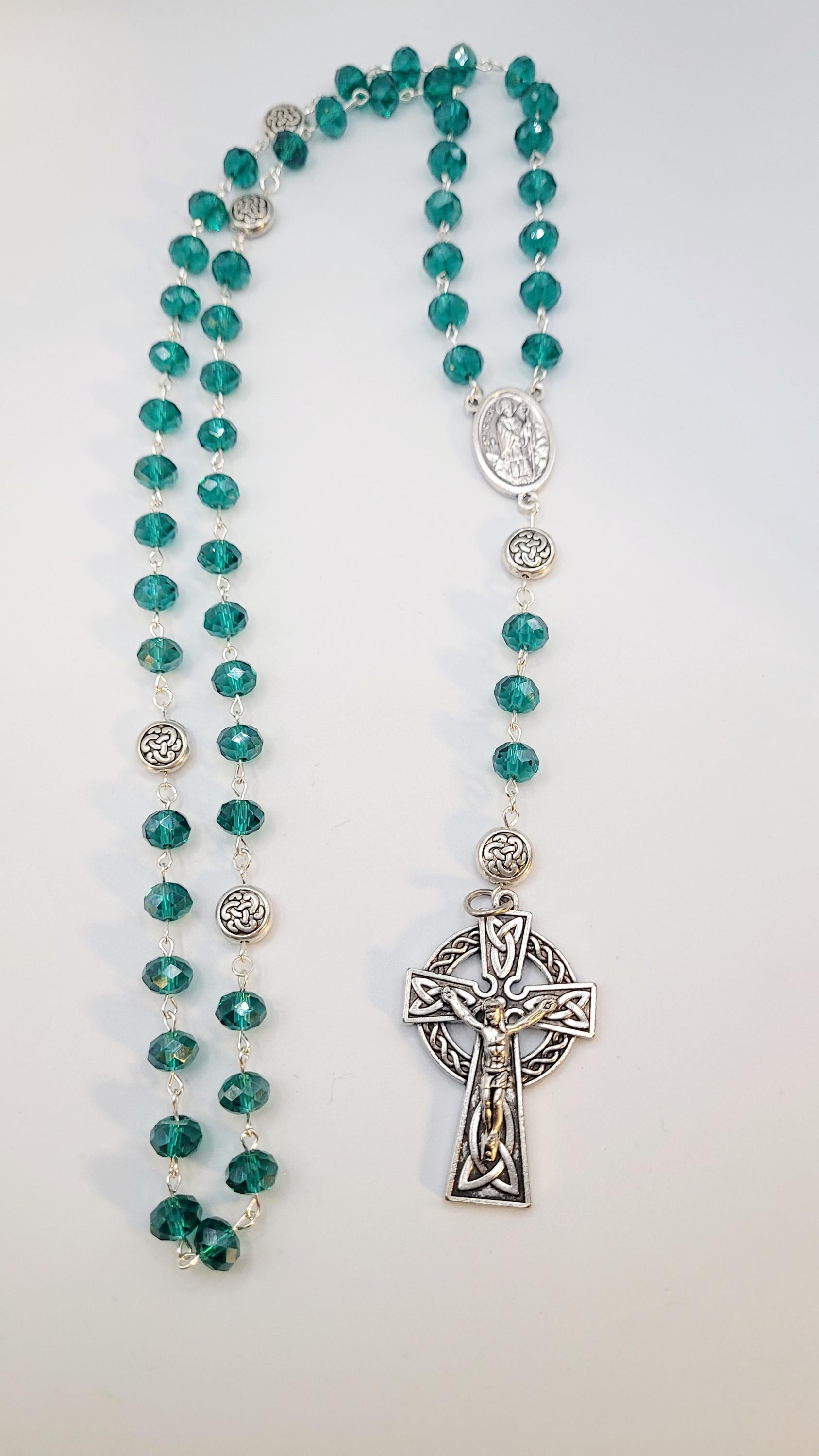 Handmade Celtic Rosary: Emerald Green Beads, Silver Crucifix