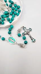 Handmade Our Lady of Guadalupe Rosary: Green Turquoise Style Beads