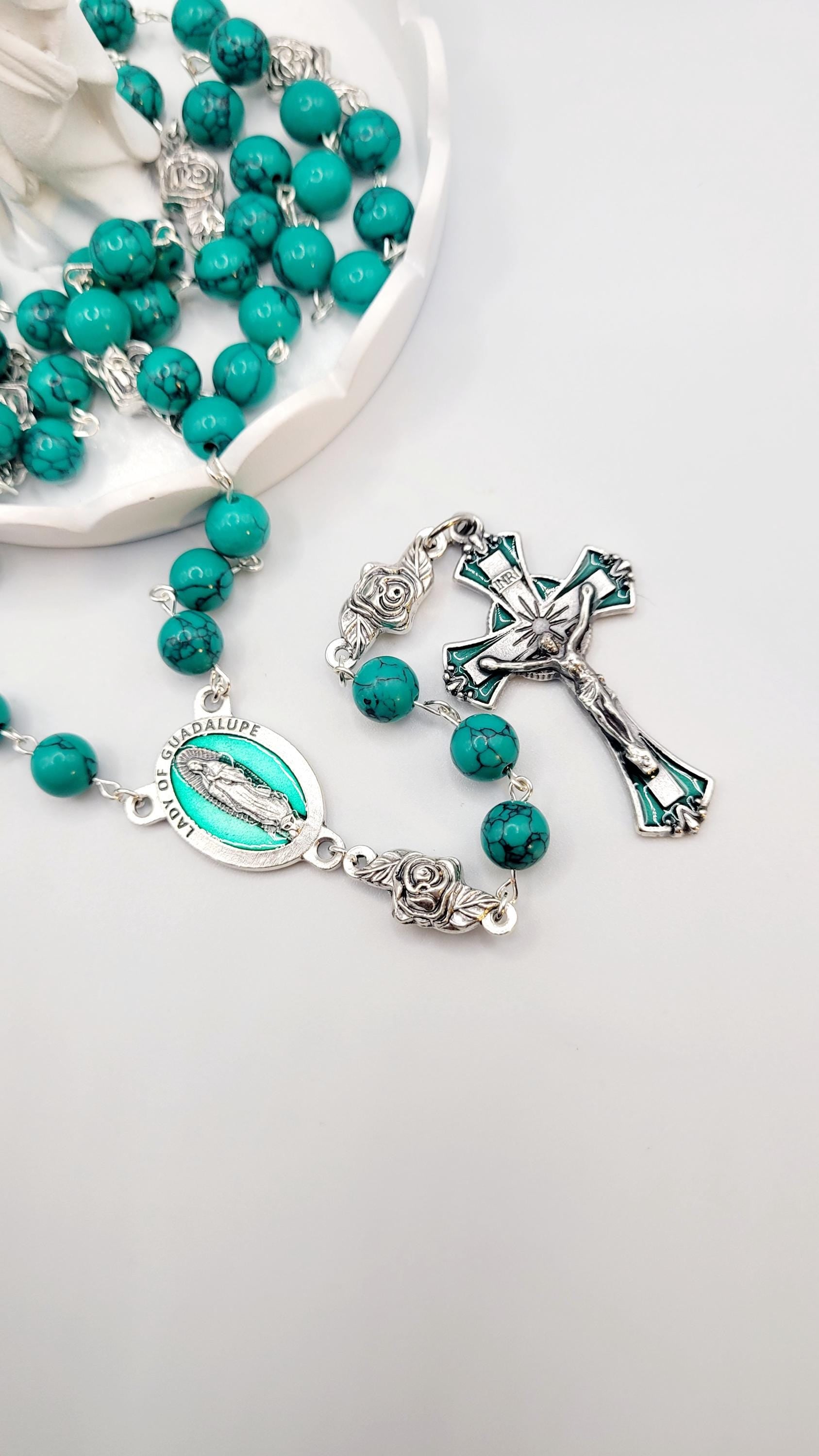 Handmade Our Lady of Guadalupe Rosary: Green Turquoise Style Beads