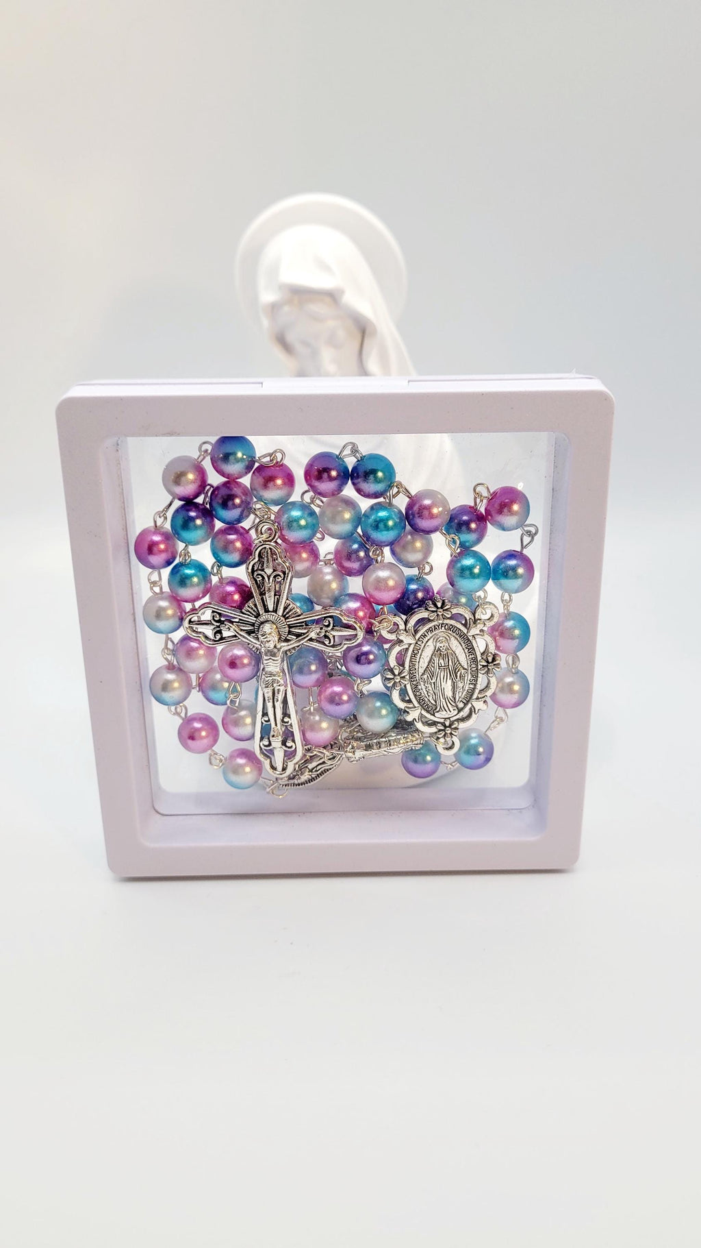 Handmade Miraculous Medal Rosary: Iridescent Pearl Beads, Silver Crucifix