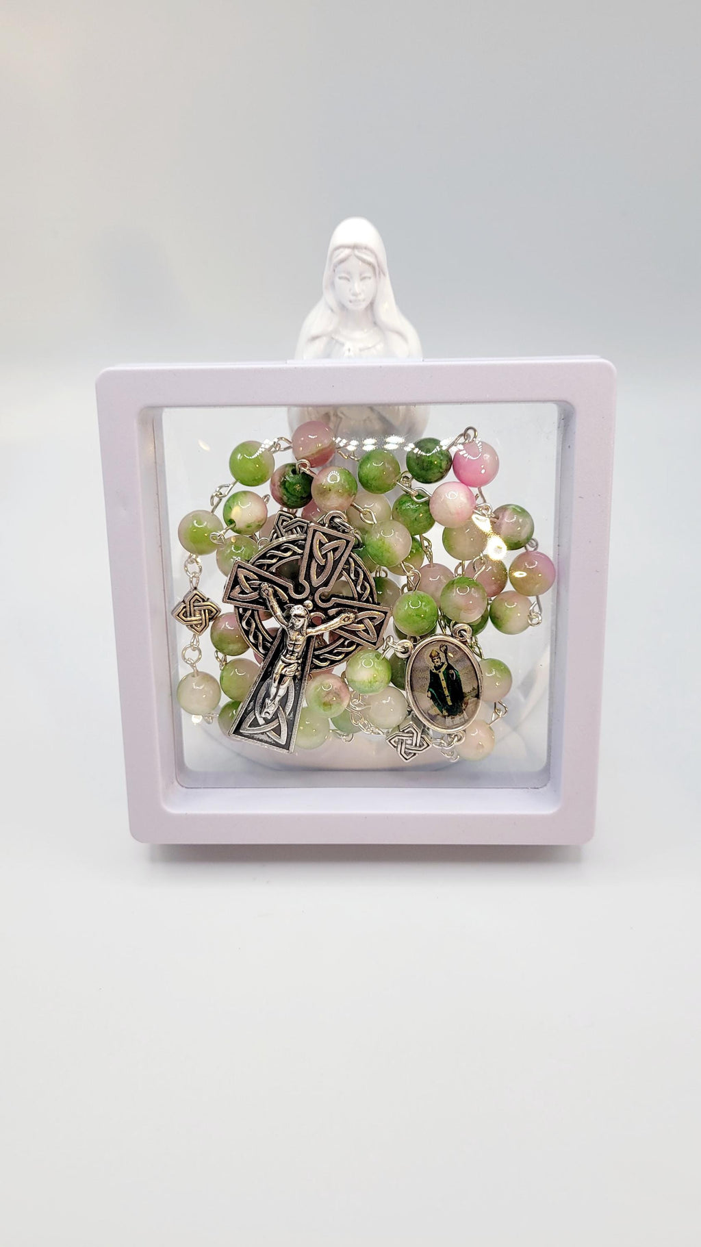 Handmade Celtic Rosary: Emerald Green Beads, Silver-Finish Crucifix