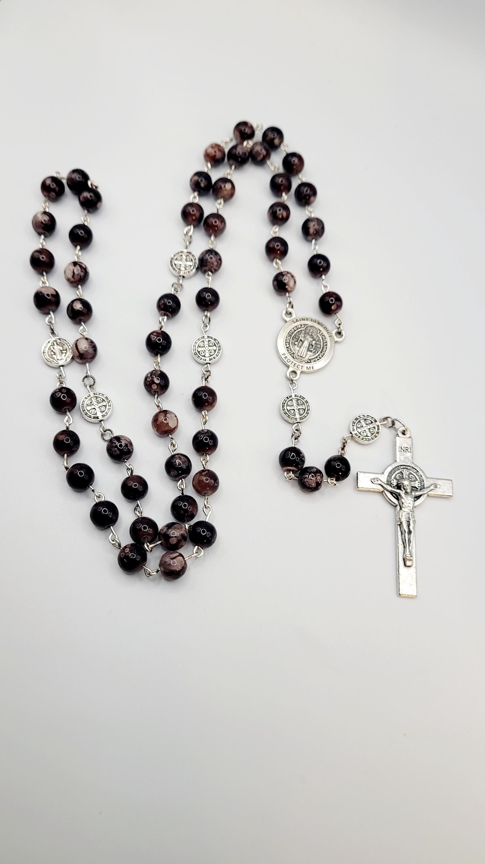 Handmade Saint Benedict Rosary: Brown Stone Beads & Medal