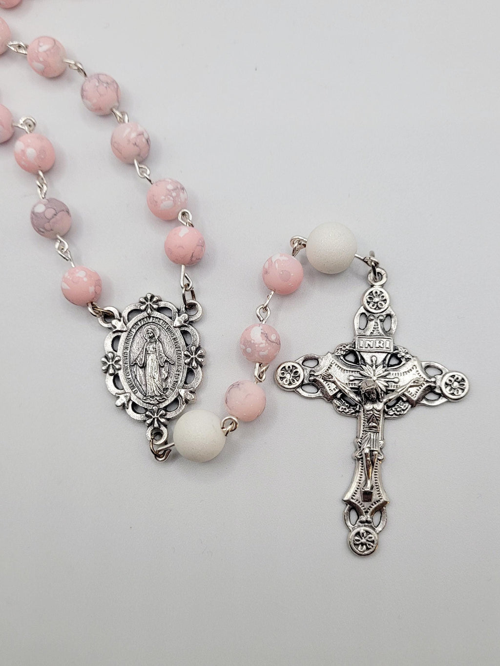 Handmade Pink and White Clay Bead Rosary