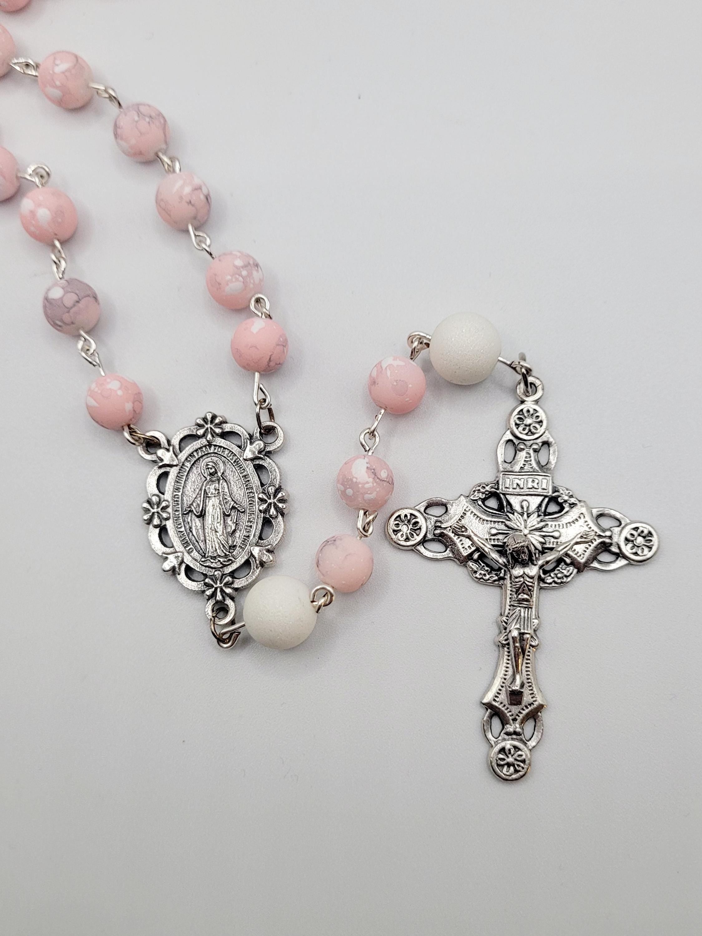 Handmade Pink and White Clay Bead Rosary