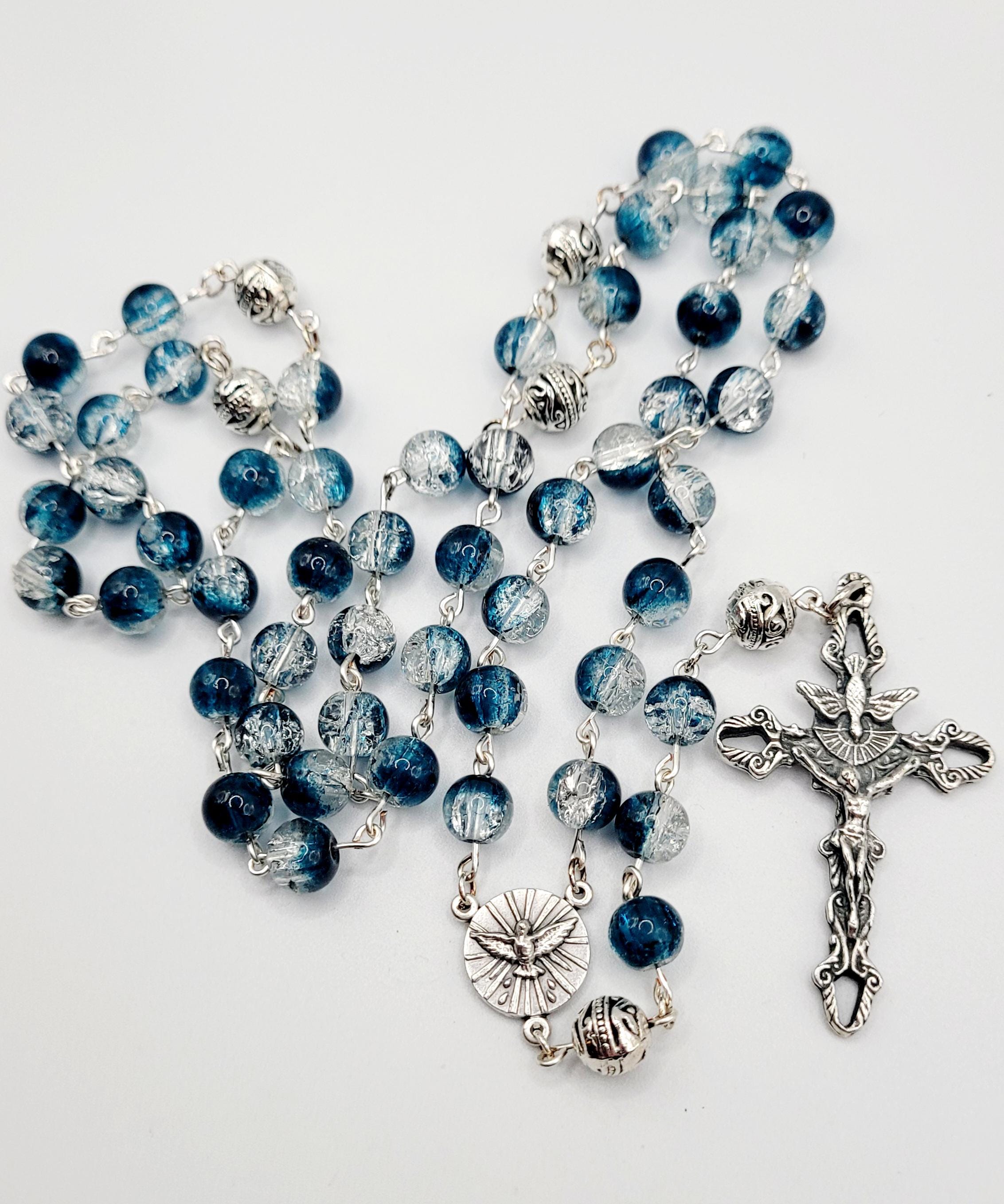 Handmade Holy Spirit Rosary: Crackled Blue Glass Beads