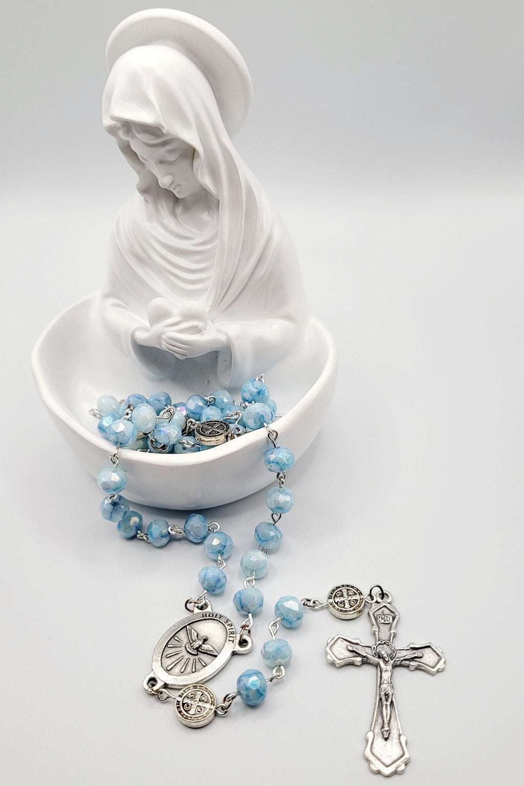 Handmade Holy Spirit Rosary: Light Blue Beads, Dove Medallion