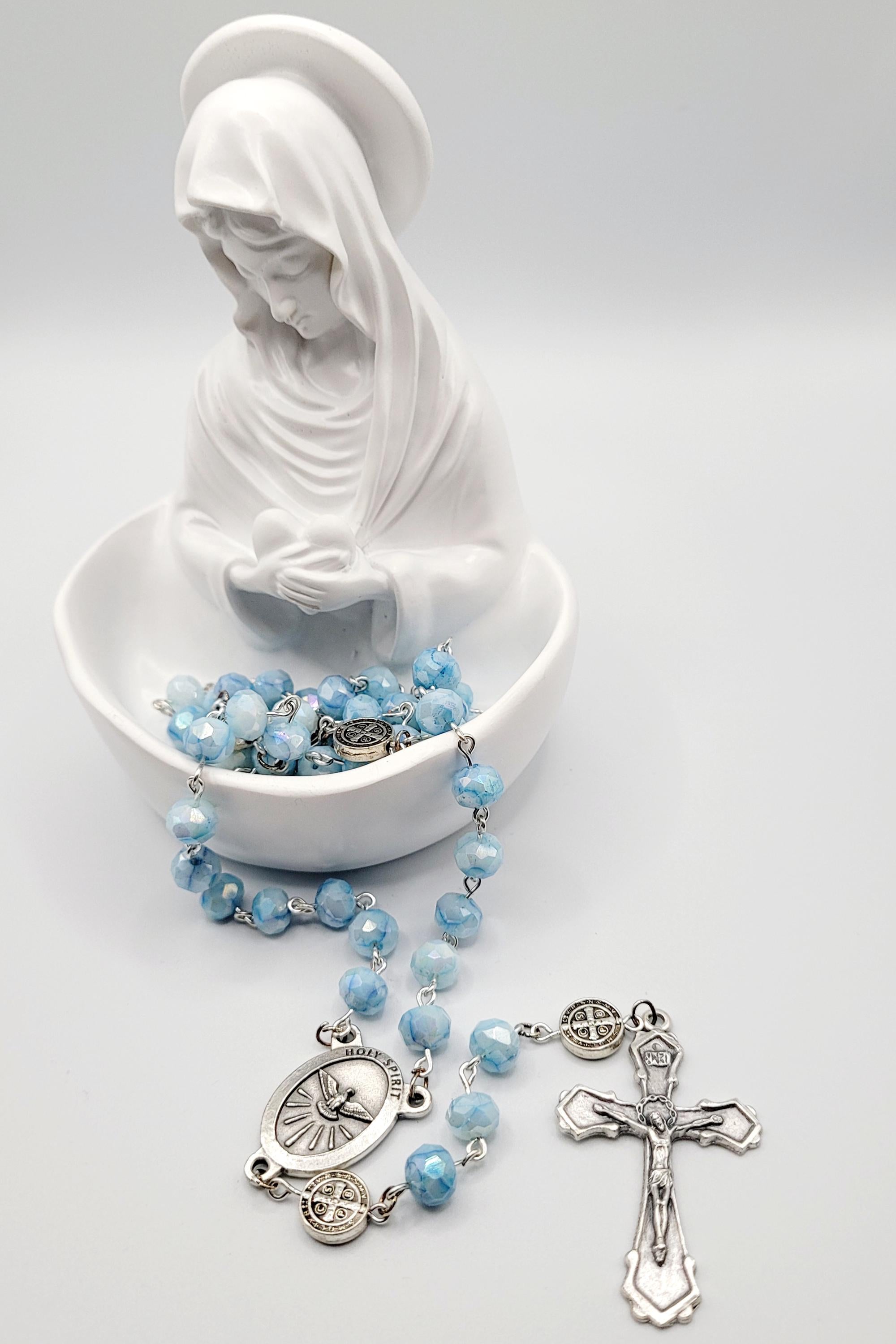 Handmade Holy Spirit Rosary: Light Blue Beads, Dove Medallion