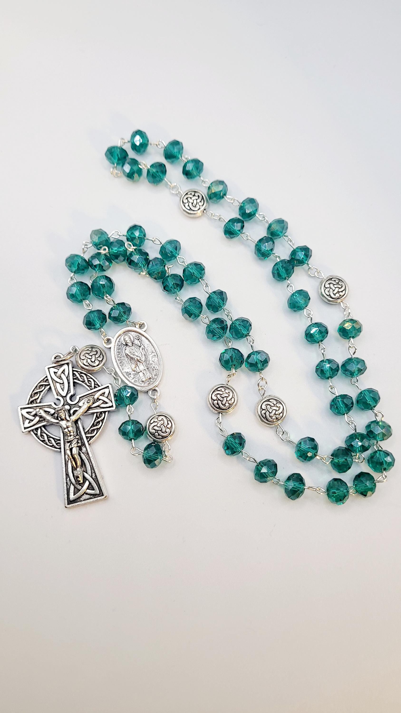 Handmade Celtic Rosary: Emerald Green Beads, Silver Crucifix