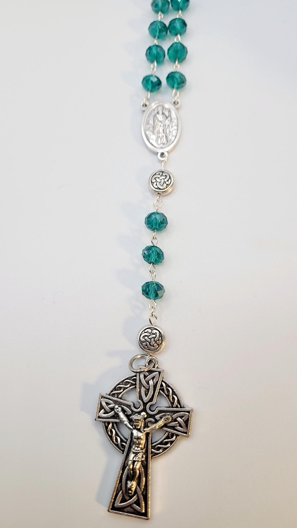 Handmade Celtic Rosary: Emerald Green Beads, Silver Crucifix