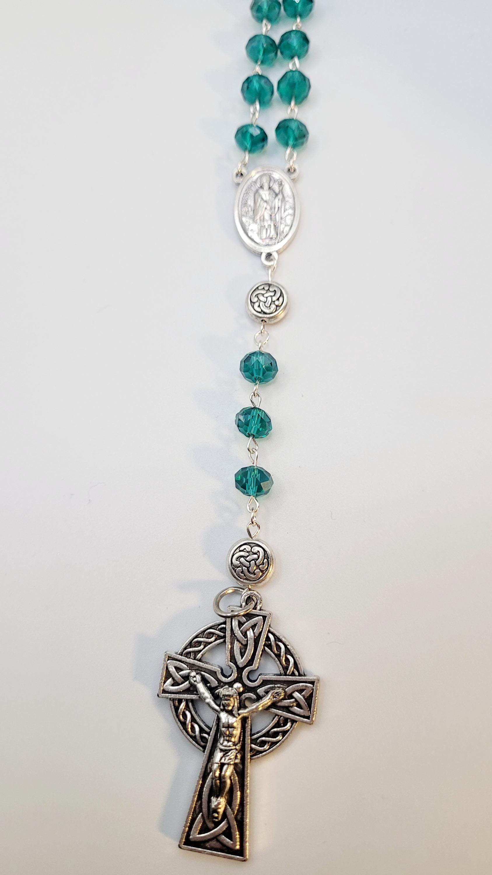 Handmade Celtic Rosary: Emerald Green Beads, Silver Crucifix