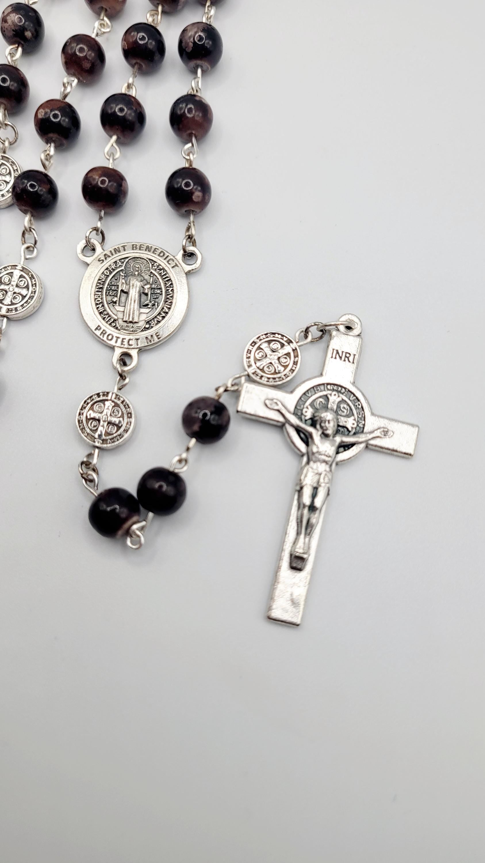 Handmade Saint Benedict Rosary: Brown Stone Beads & Medal