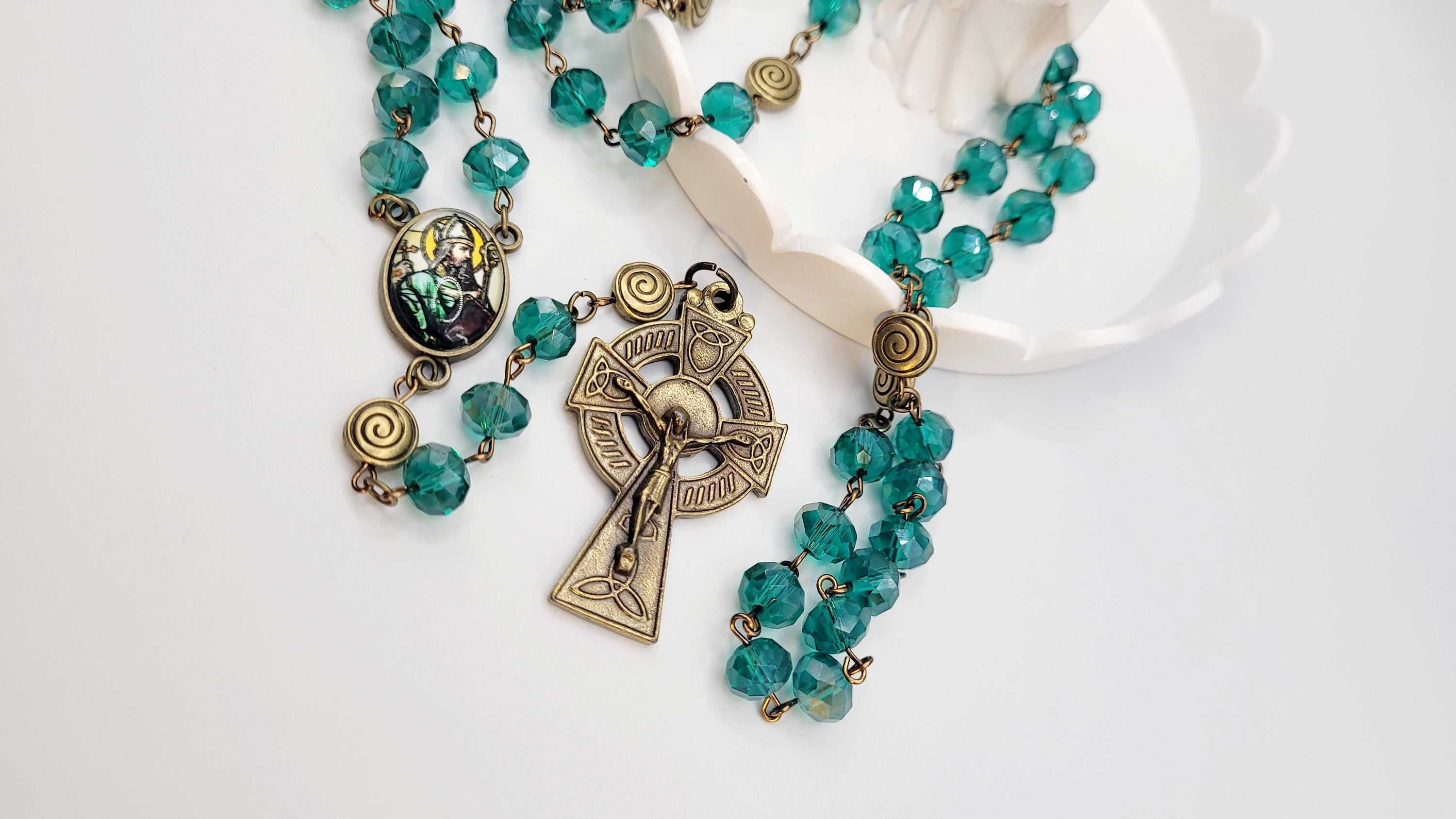 Handmade Emerald Green Celtic Rosary with St. Patrick Medal