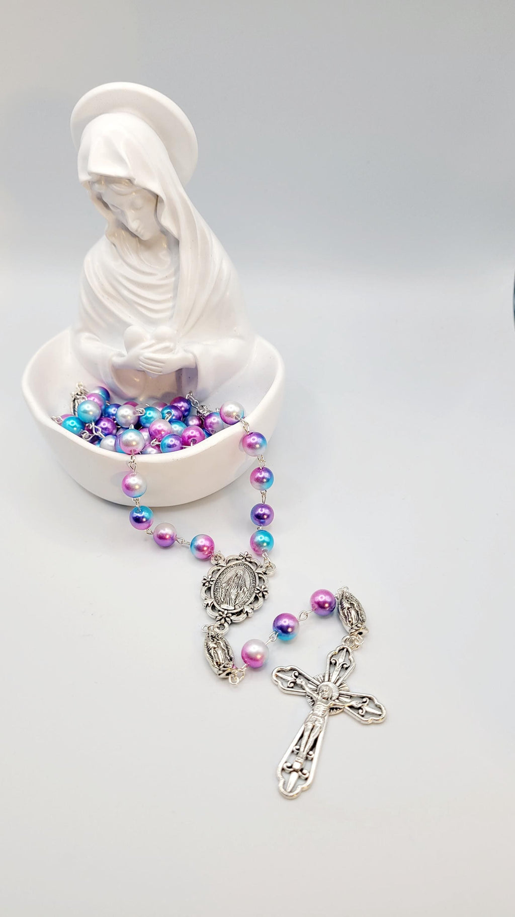 Handmade Miraculous Medal Rosary: Iridescent Pearl Beads, Silver Crucifix