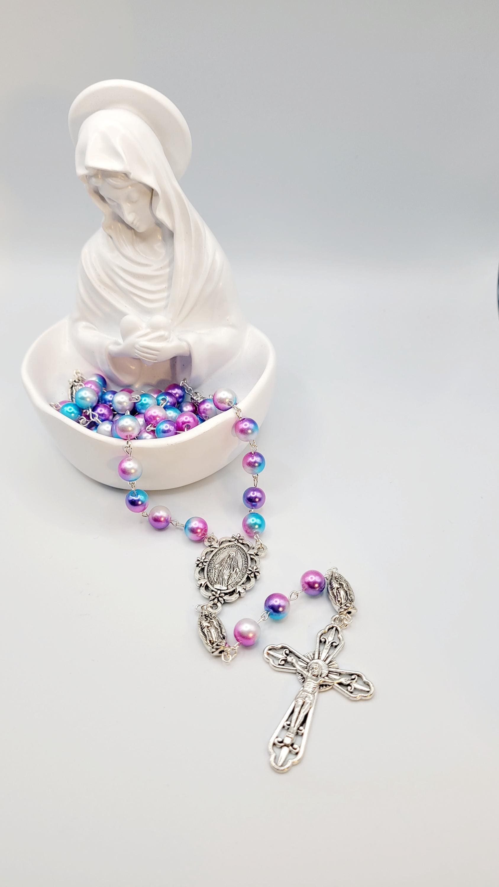 Handmade Miraculous Medal Rosary: Iridescent Pearl Beads, Silver Crucifix