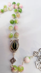 Handmade Celtic Rosary: Emerald Green Beads, Silver-Finish Crucifix