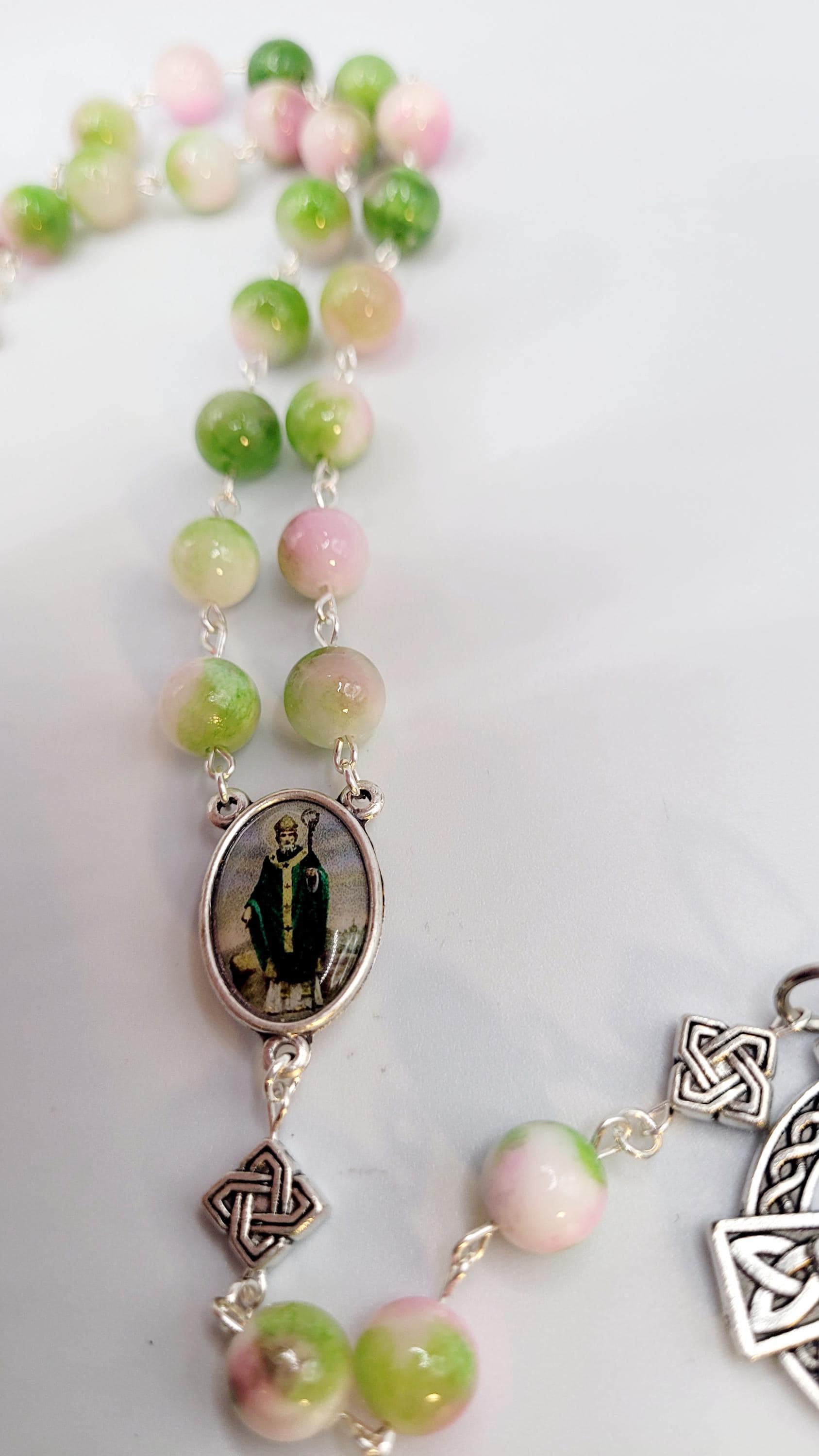 Handmade Celtic Rosary: Emerald Green Beads, Silver-Finish Crucifix