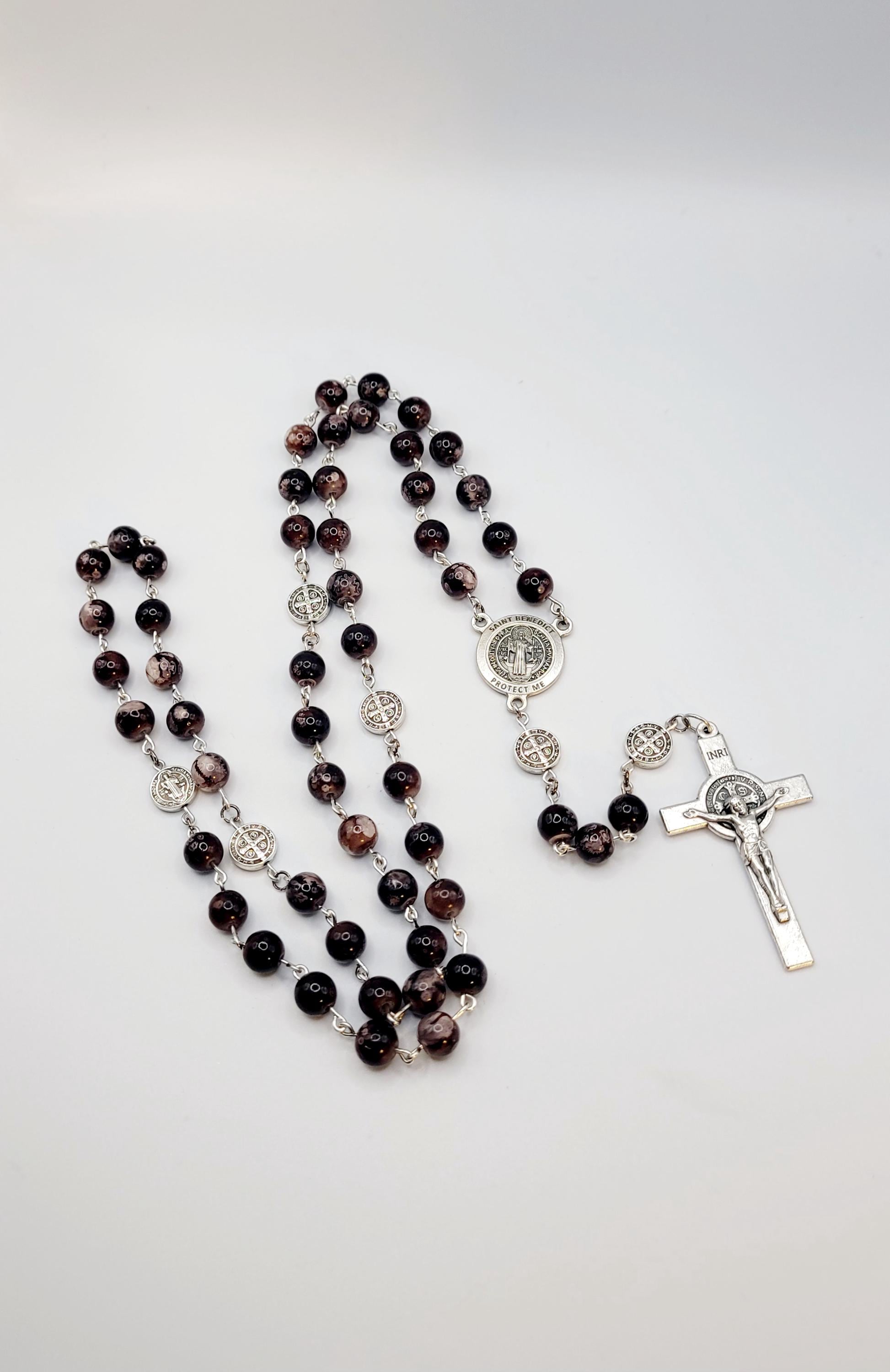 Handmade Saint Benedict Rosary: Brown Stone Beads & Medal