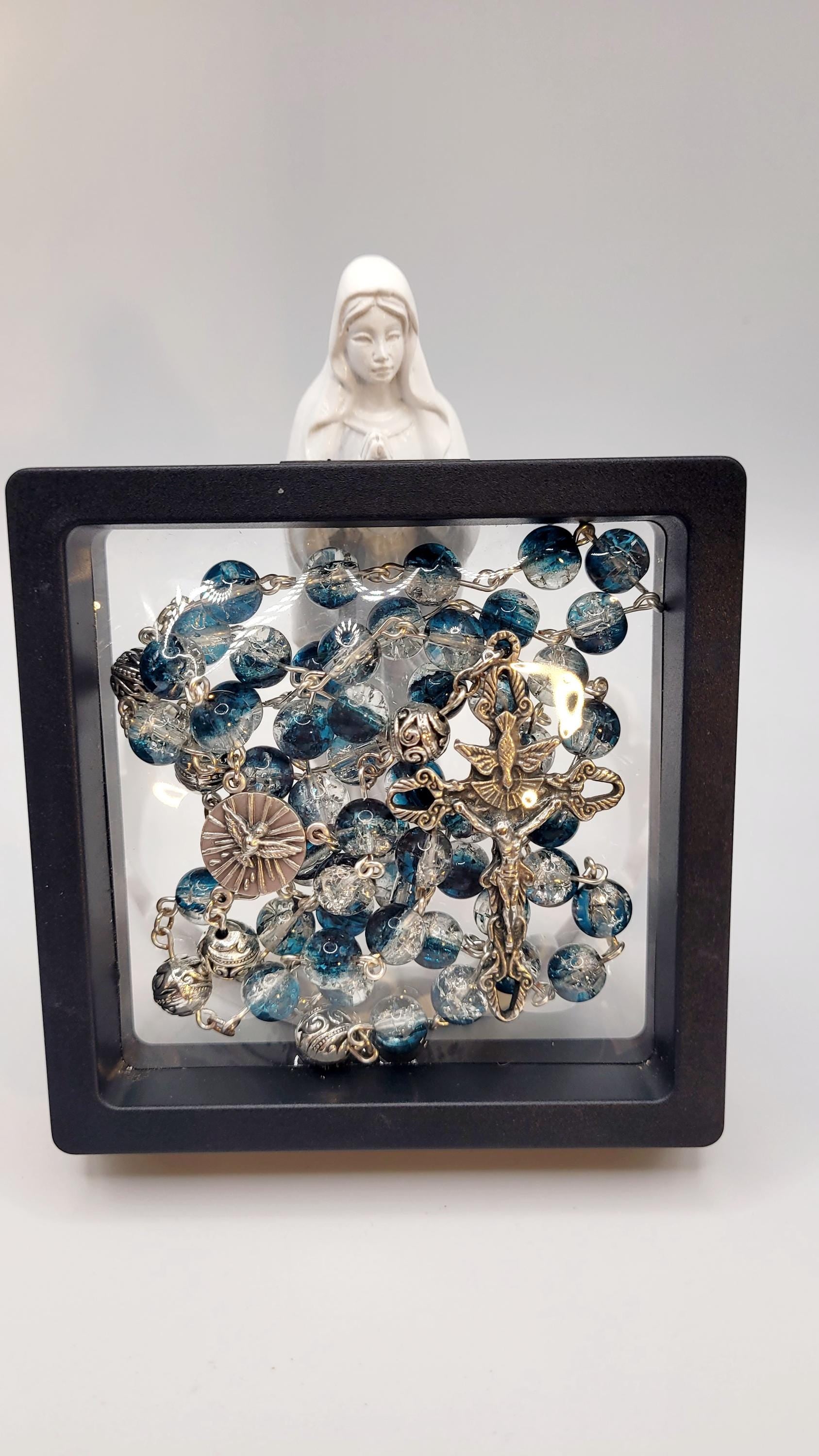 Handmade Holy Spirit Rosary: Crackled Blue Glass Beads