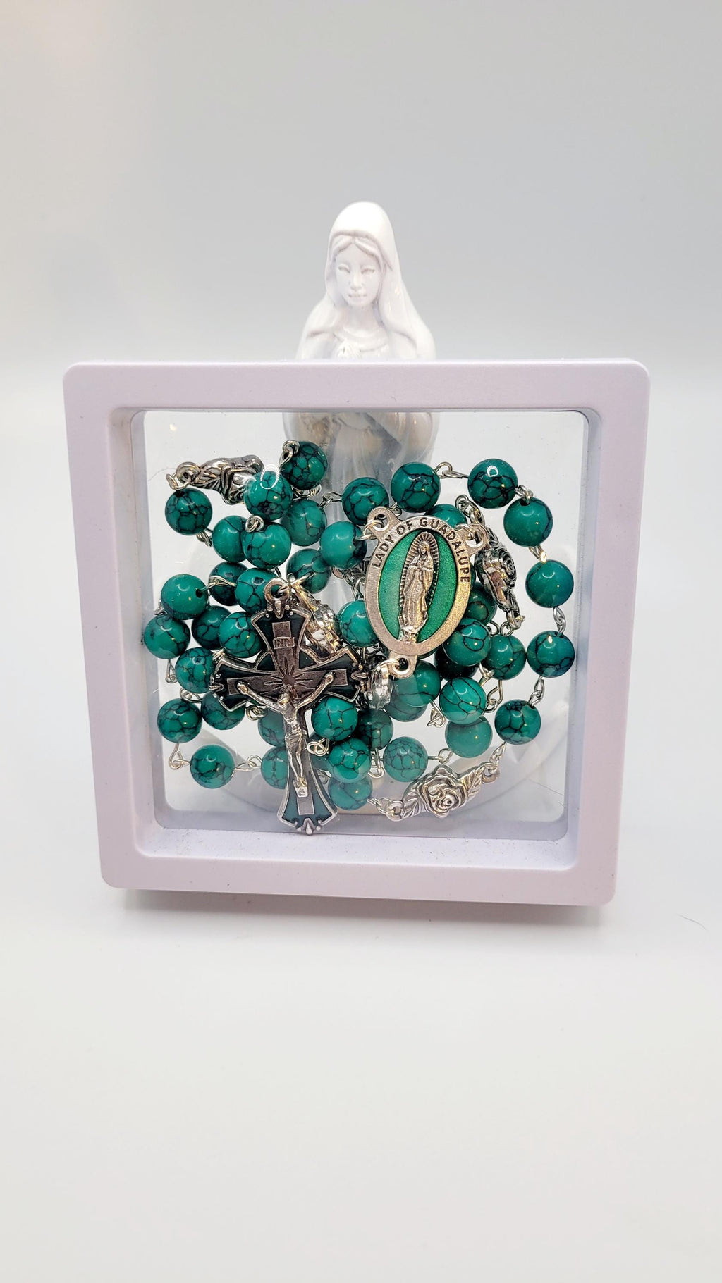 Handmade Our Lady of Guadalupe Rosary: Green Turquoise Style Beads