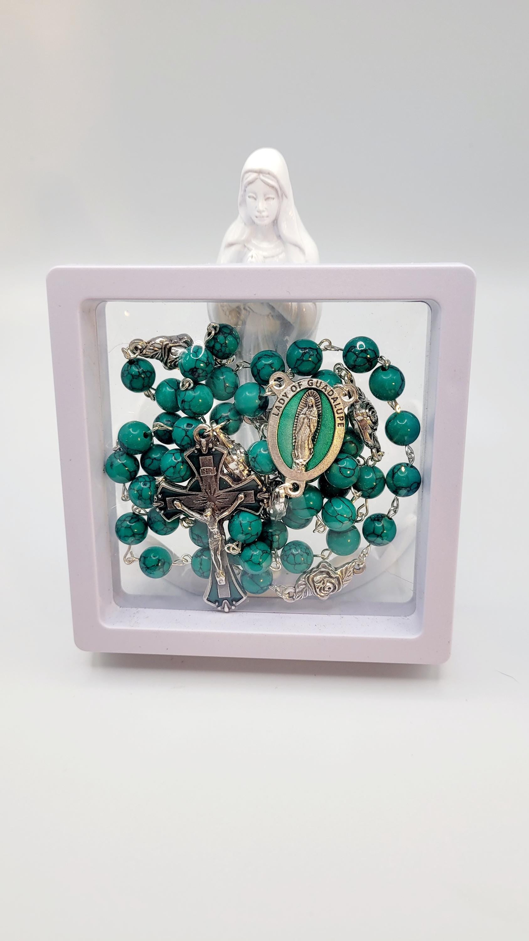Handmade Our Lady of Guadalupe Rosary: Green Turquoise Style Beads
