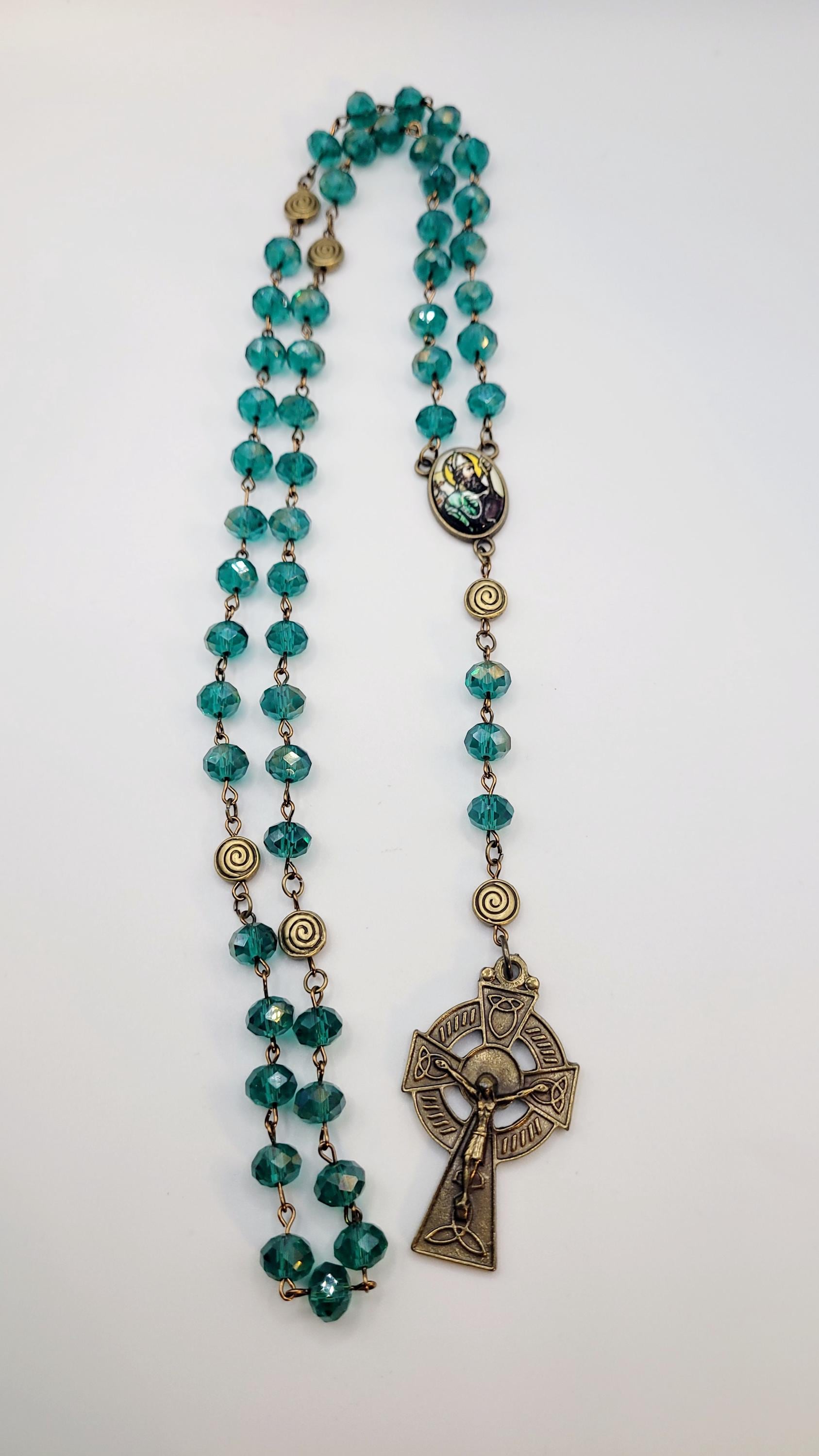 Handmade Emerald Green Celtic Rosary with St. Patrick Medal