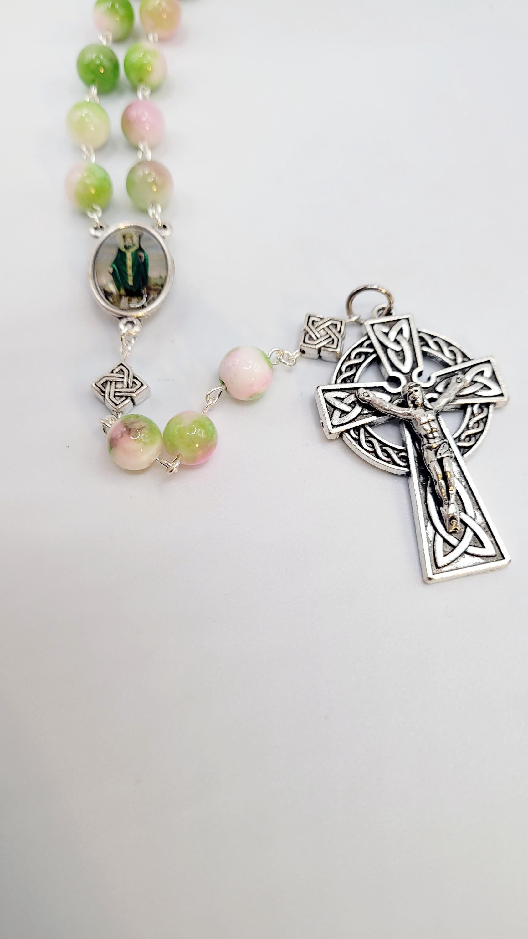 Handmade Celtic Rosary: Emerald Green Beads, Silver-Finish Crucifix