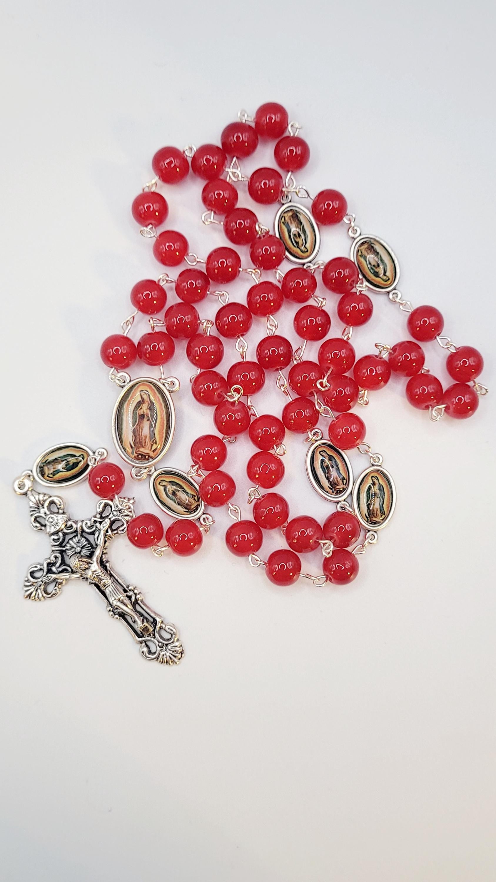 Handmade Red Glass Our Lady of Guadalupe Rosary